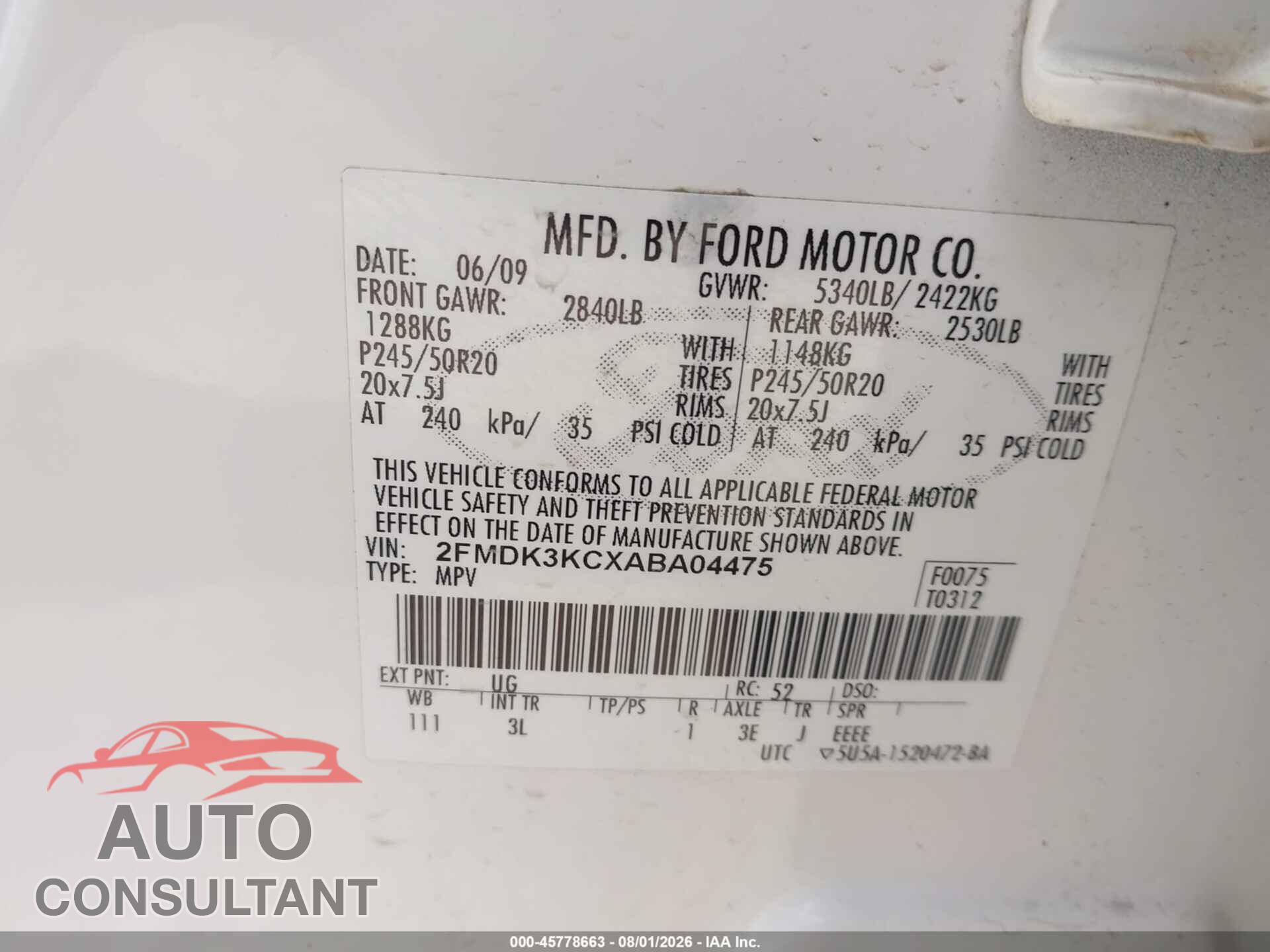 FORD EDGE 2010 - 2FMDK3KCXABA04475
