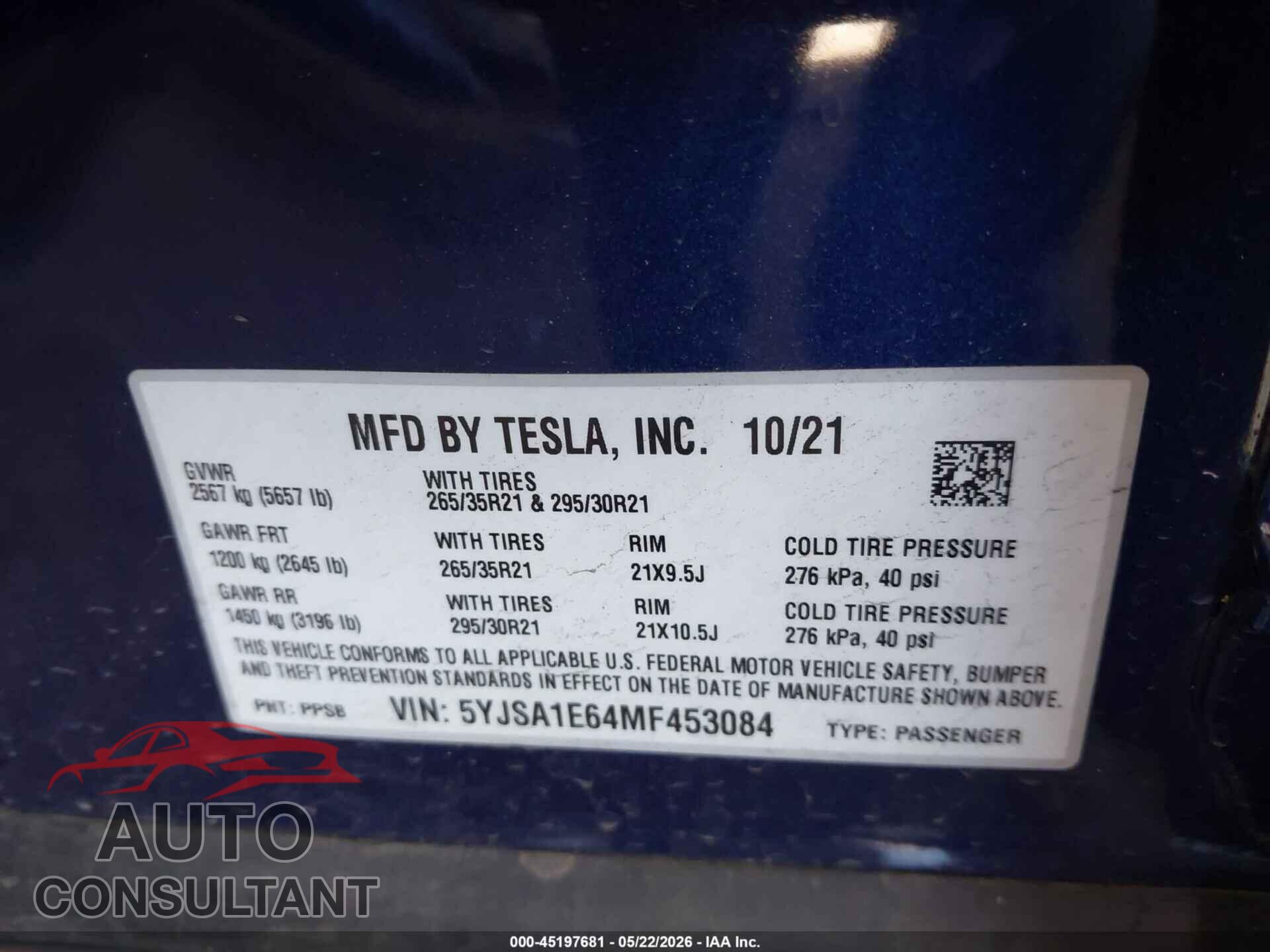 TESLA MODEL S 2021 - 5YJSA1E64MF453084