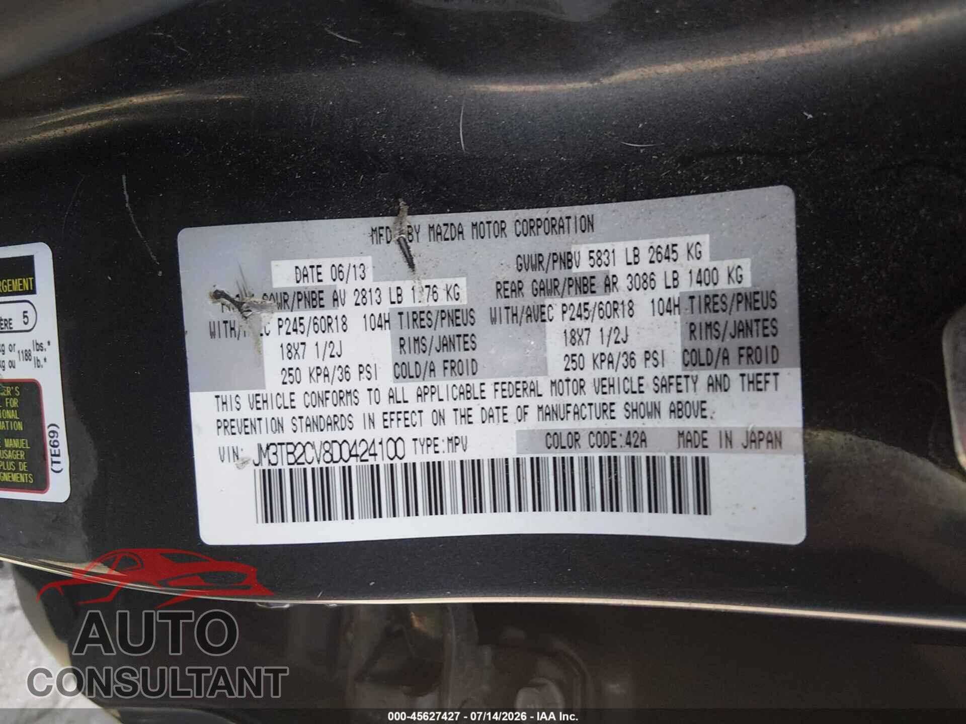 MAZDA CX-9 2013 - JM3TB2CV8D0424100