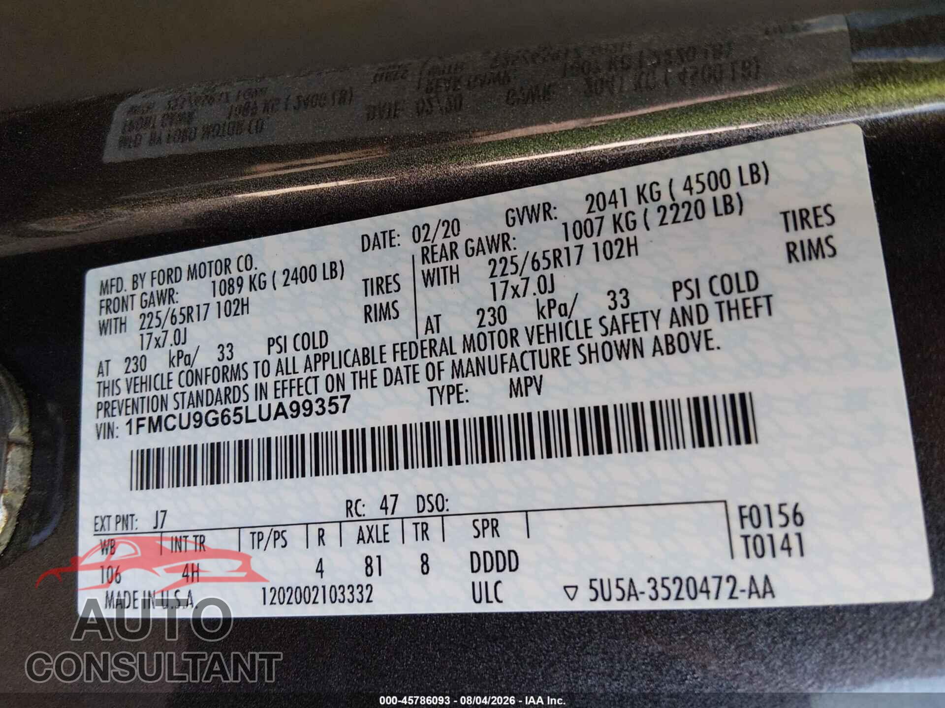 FORD ESCAPE 2020 - 1FMCU9G65LUA99357