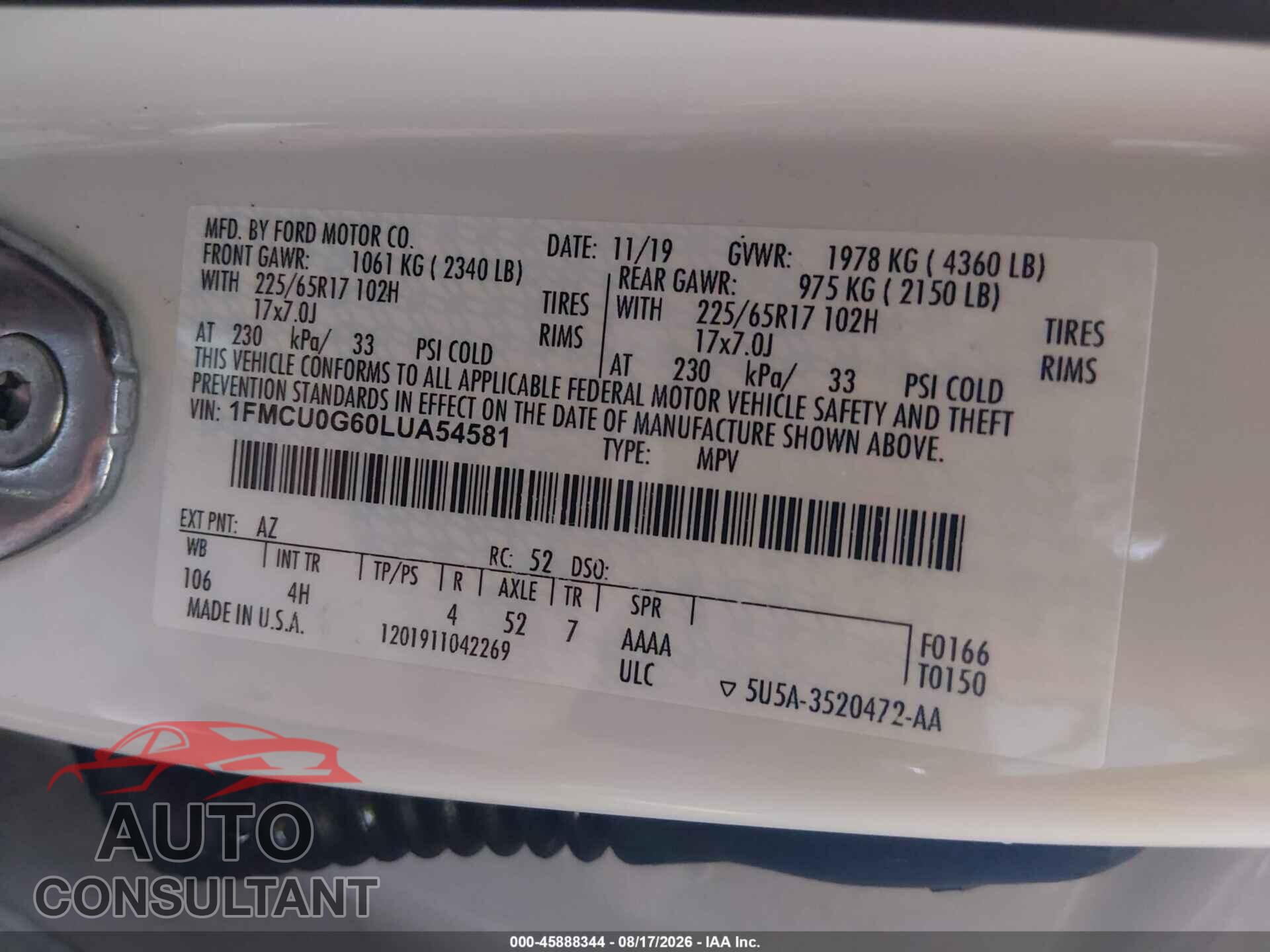 FORD ESCAPE 2020 - 1FMCU0G60LUA54581