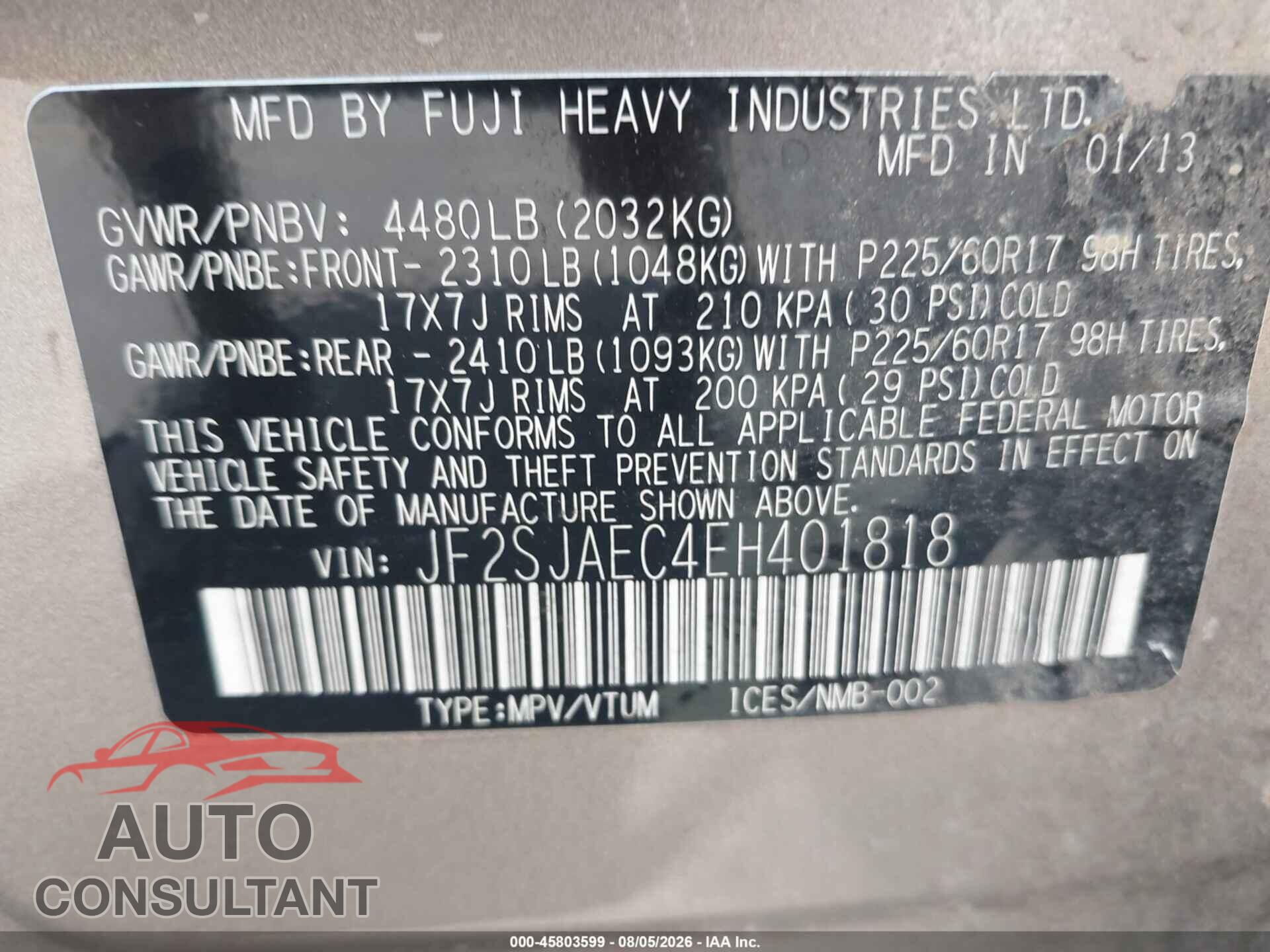 SUBARU FORESTER 2014 - JF2SJAEC4EH401818