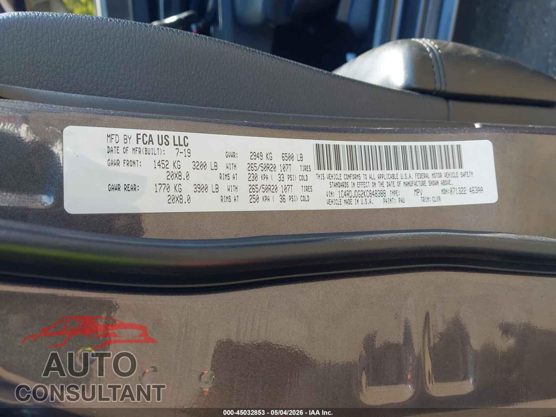 DODGE DURANGO 2019 - 1C4RDJDG2KC848388