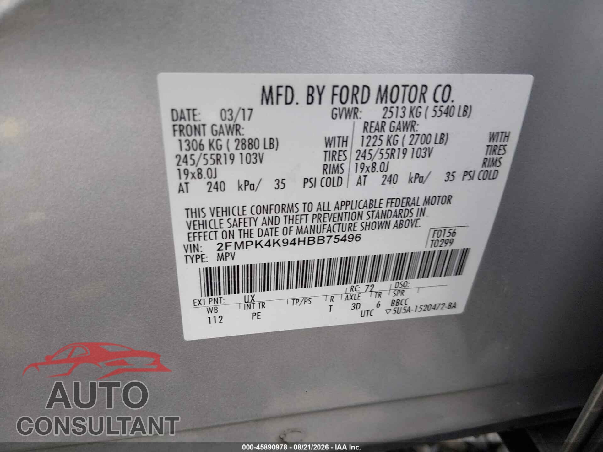 FORD EDGE 2017 - 2FMPK4K94HBB75496