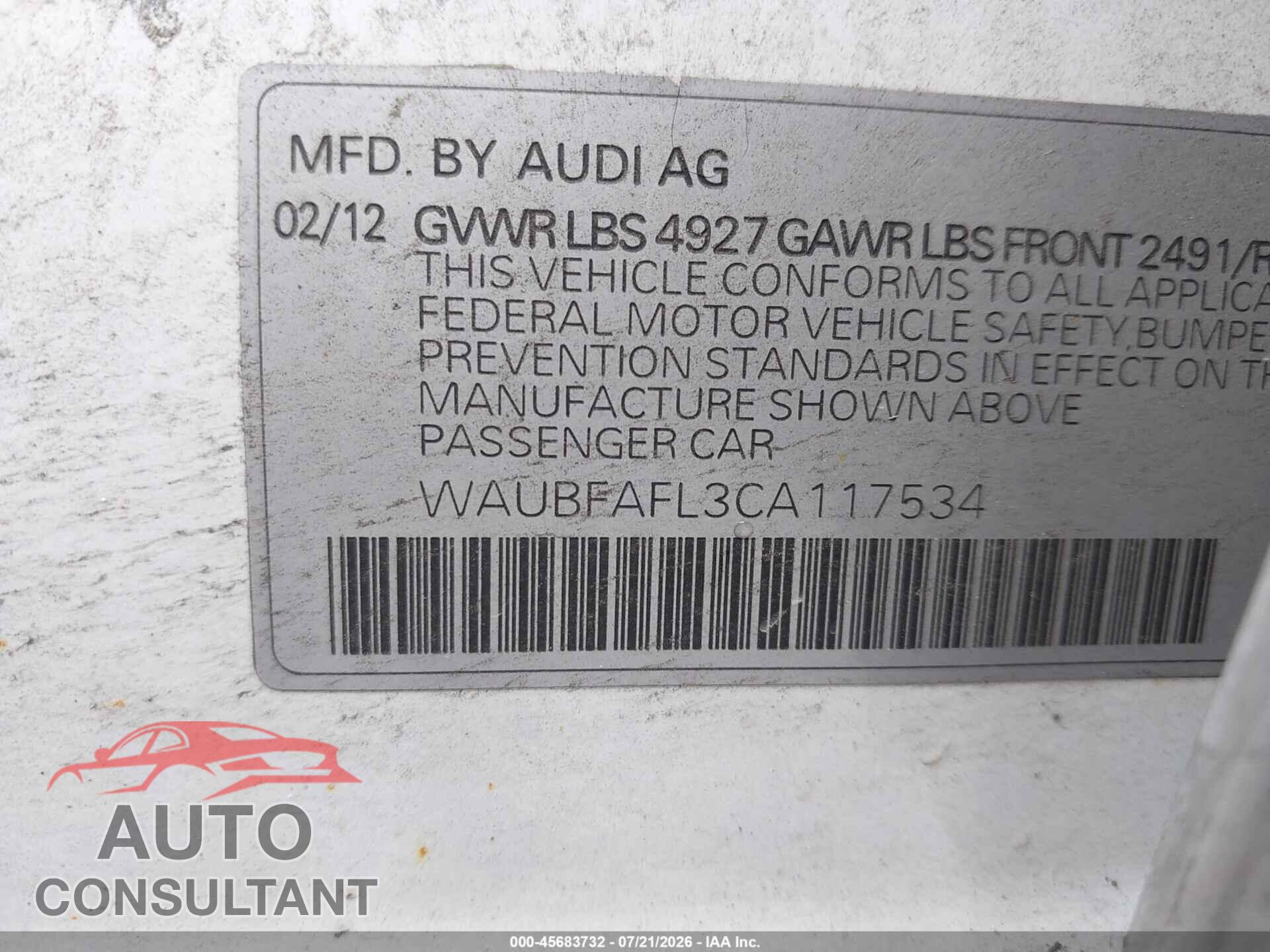 AUDI A4 2012 - WAUBFAFL3CA117534