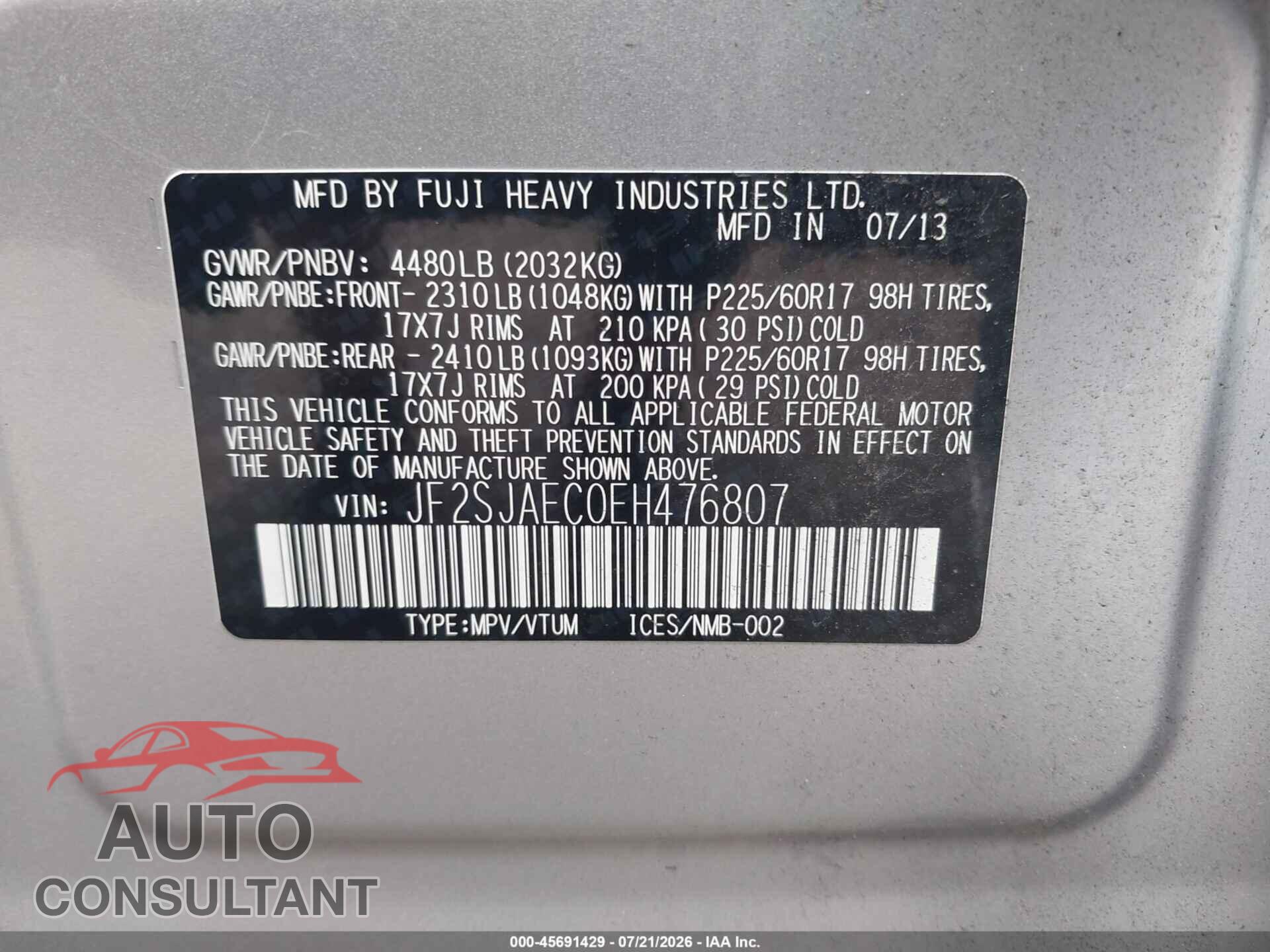 SUBARU FORESTER 2014 - JF2SJAEC0EH476807