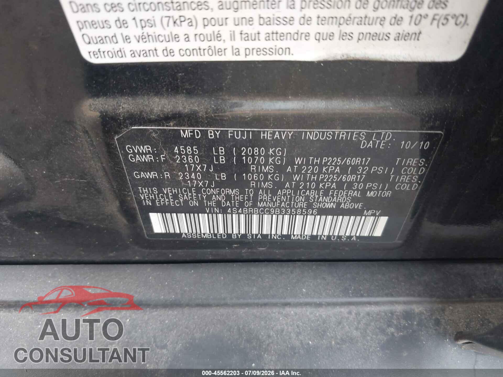 SUBARU OUTBACK 2011 - 4S4BRBCC9B3358596
