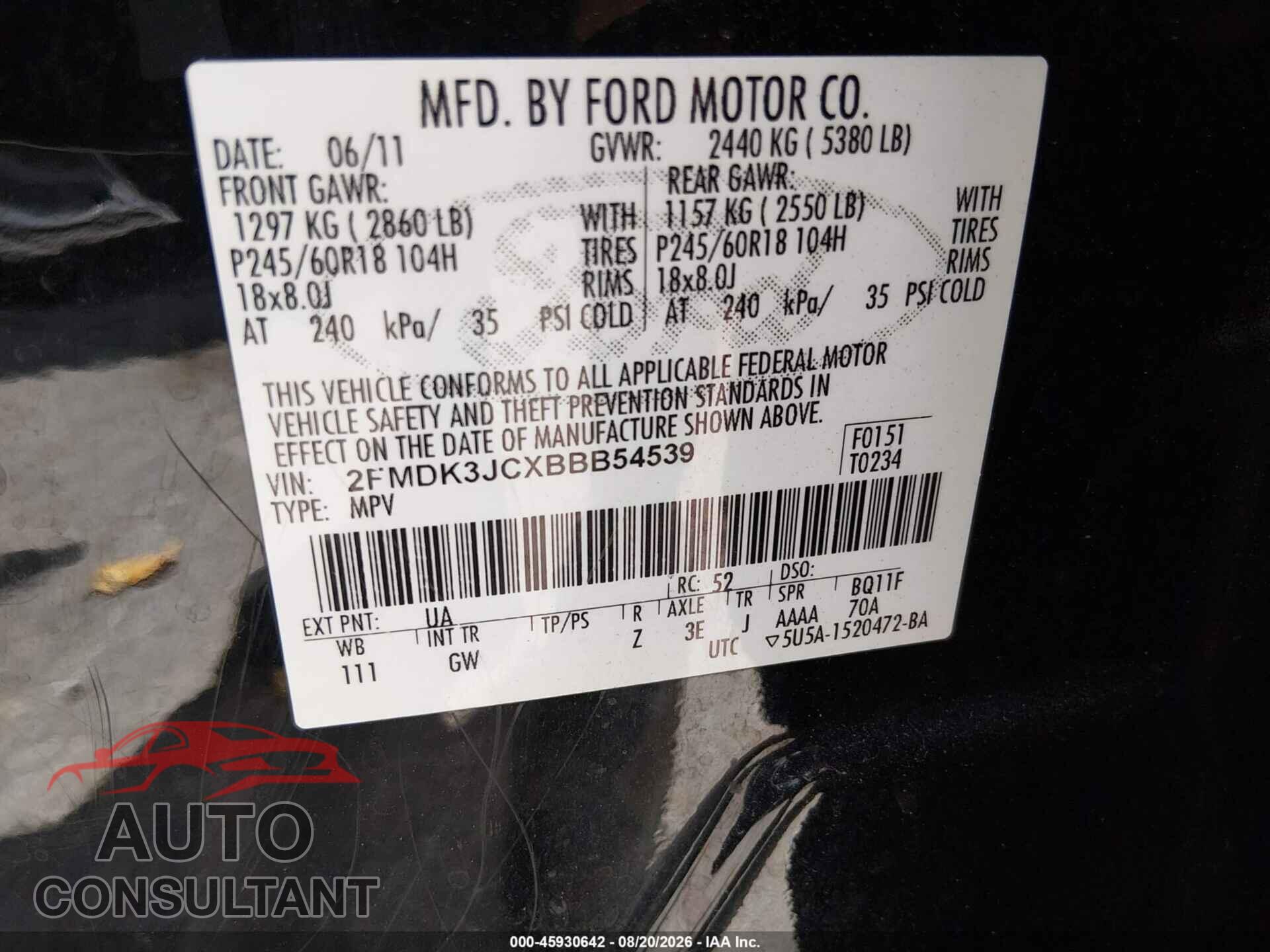 FORD EDGE 2011 - 2FMDK3JCXBBB54539