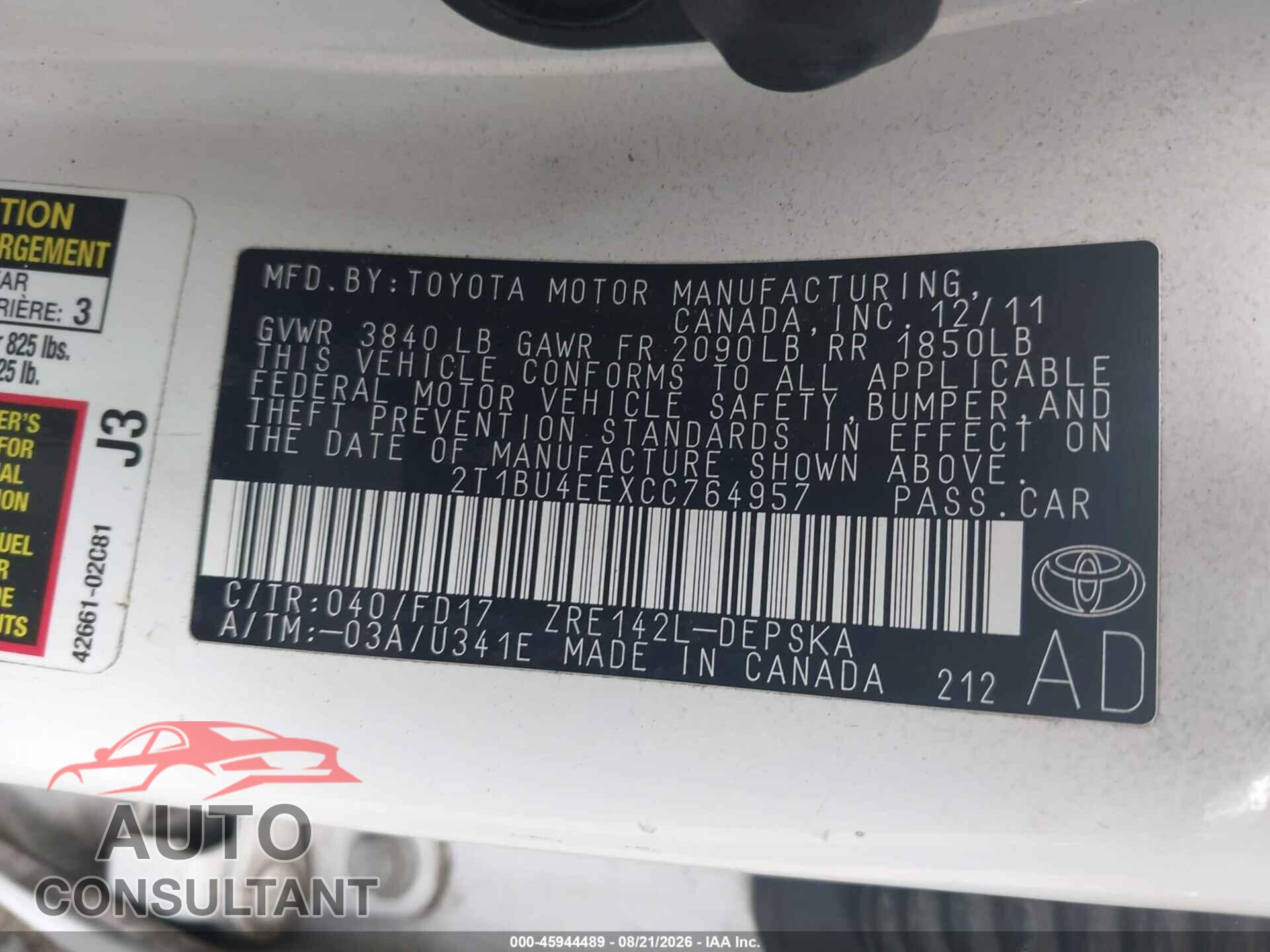 TOYOTA COROLLA 2012 - 2T1BU4EEXCC764957