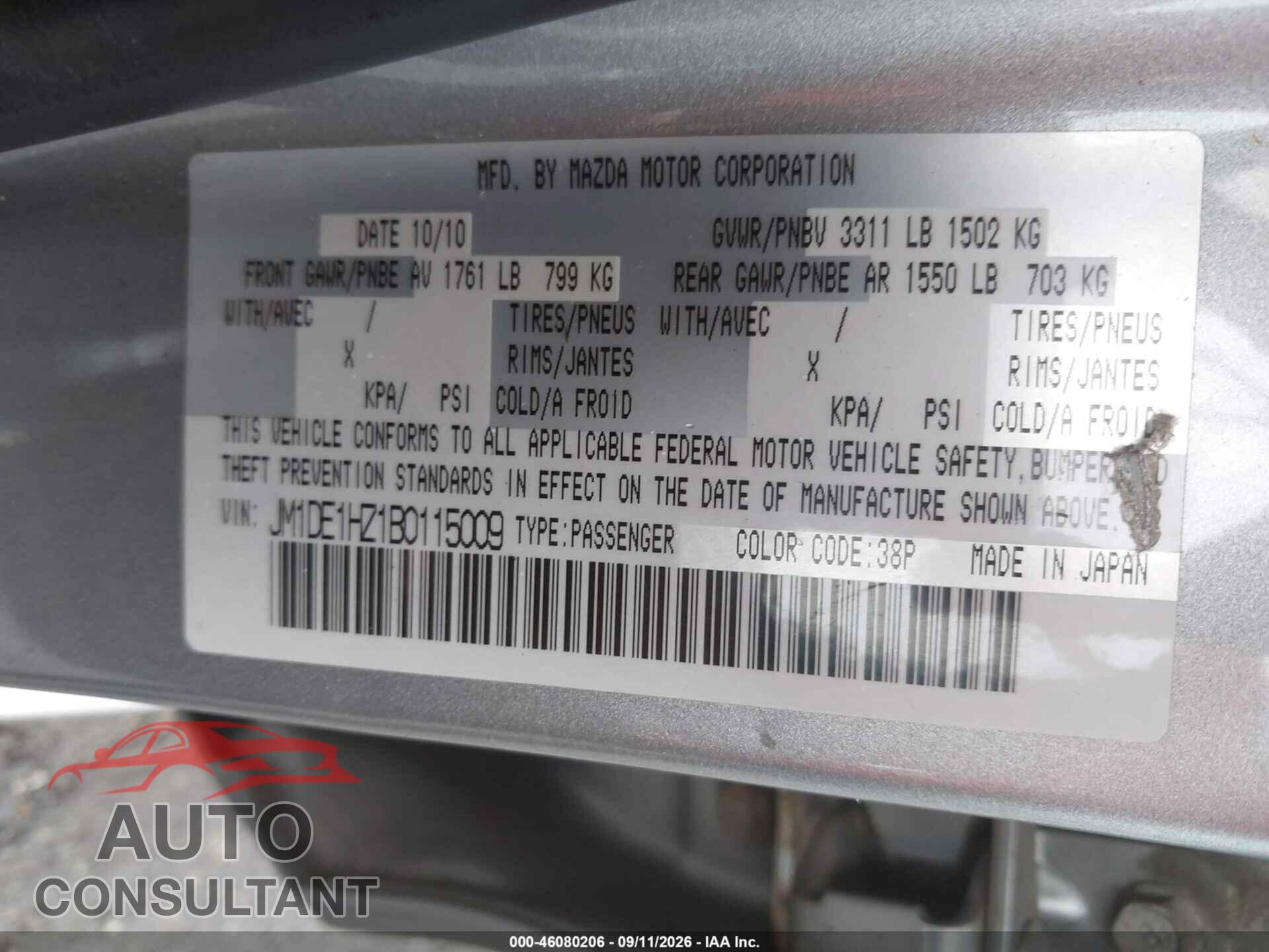 MAZDA MAZDA2 2011 - JM1DE1HZ1B0115009