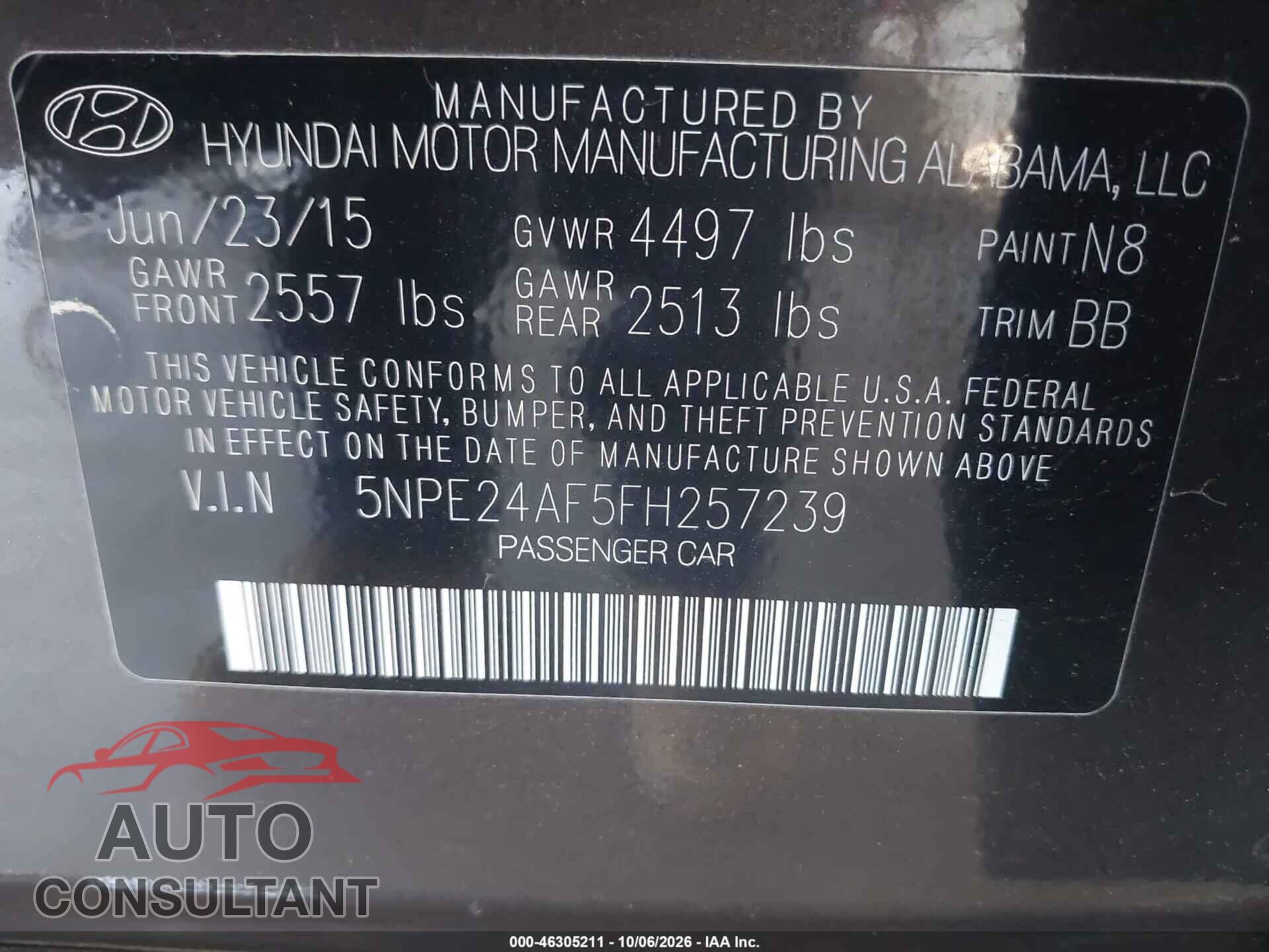 HYUNDAI SONATA 2015 - 5NPE24AF5FH257239