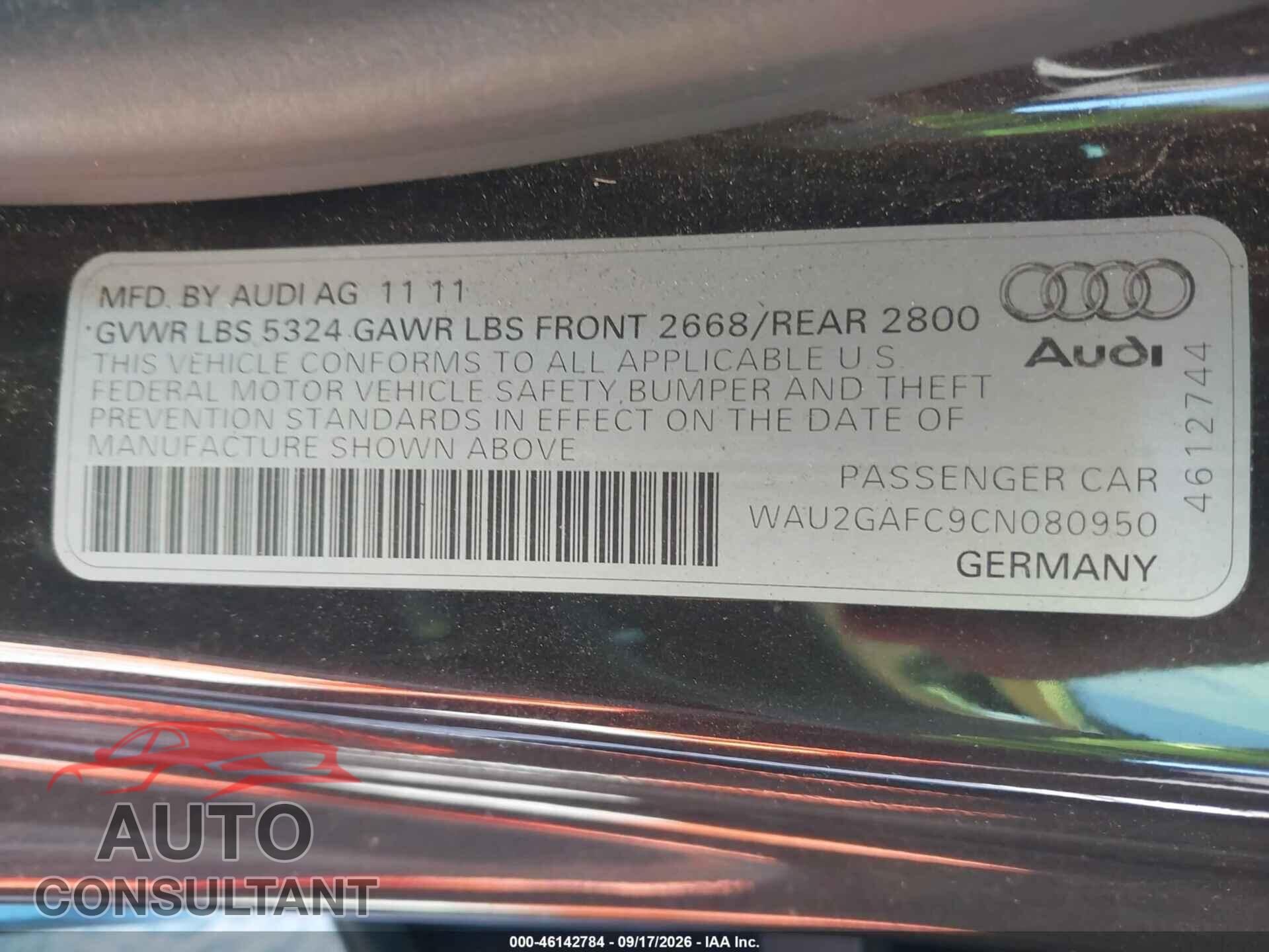 AUDI A7 2012 - WAU2GAFC9CN080950