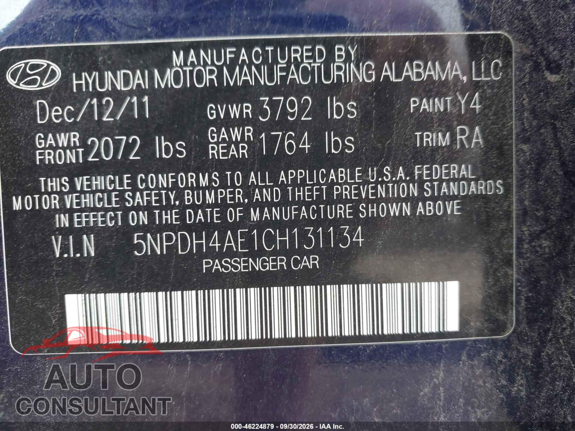 HYUNDAI ELANTRA 2012 - 5NPDH4AE1CH131134