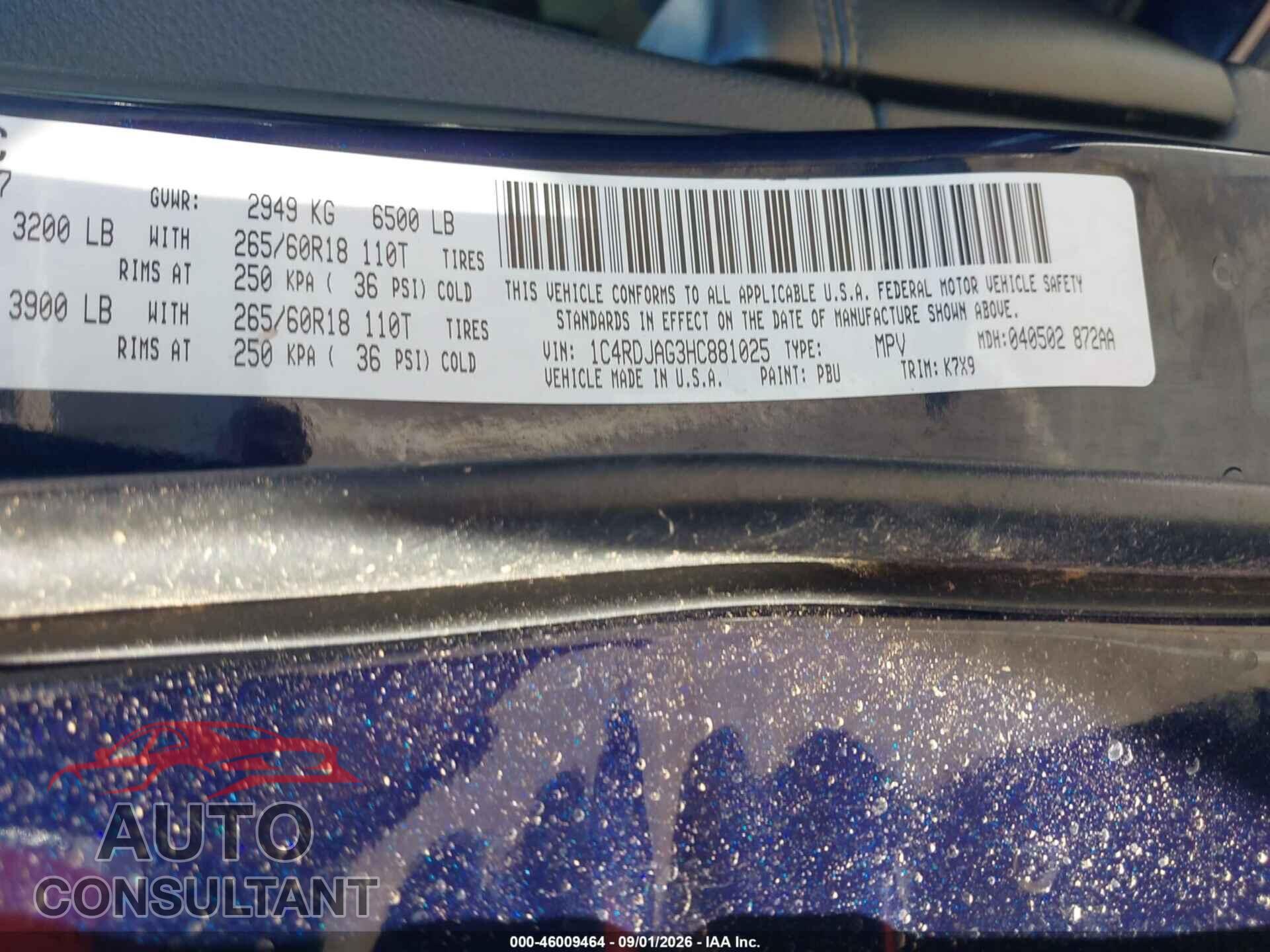 DODGE DURANGO 2017 - 1C4RDJAG3HC881025