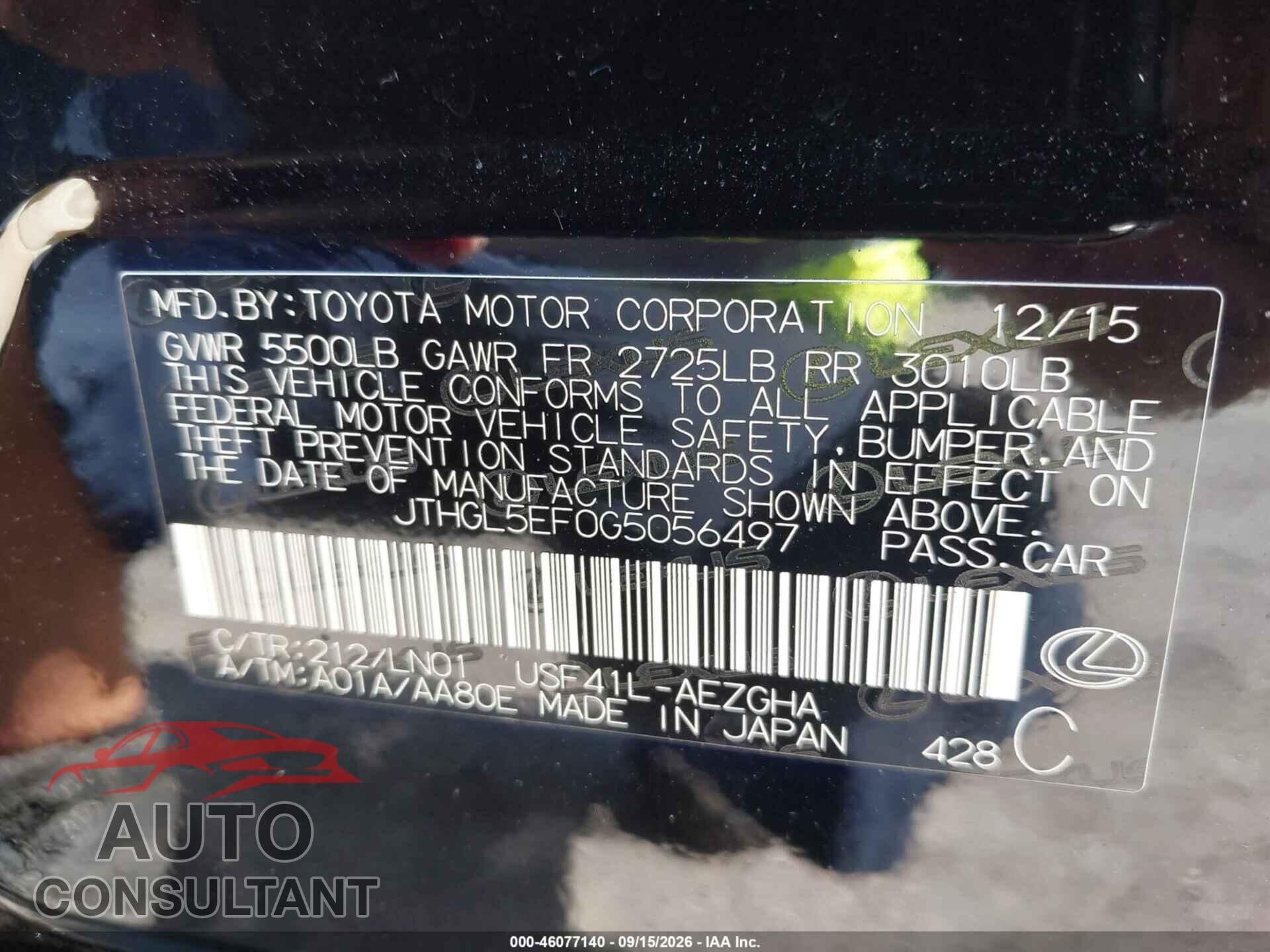 LEXUS LS 460 2016 - JTHGL5EF0G5056497