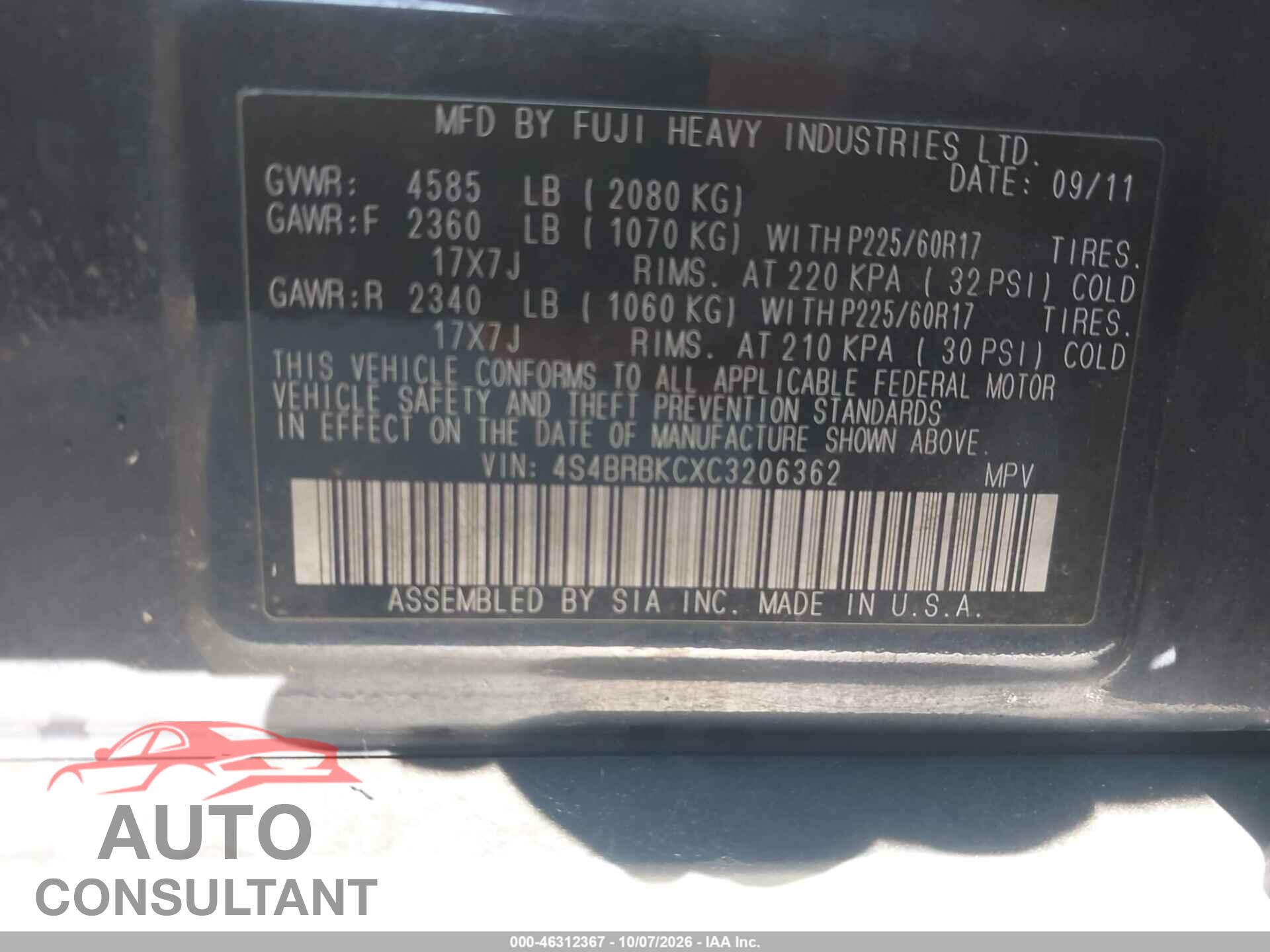 SUBARU OUTBACK 2012 - 4S4BRBKCXC3206362