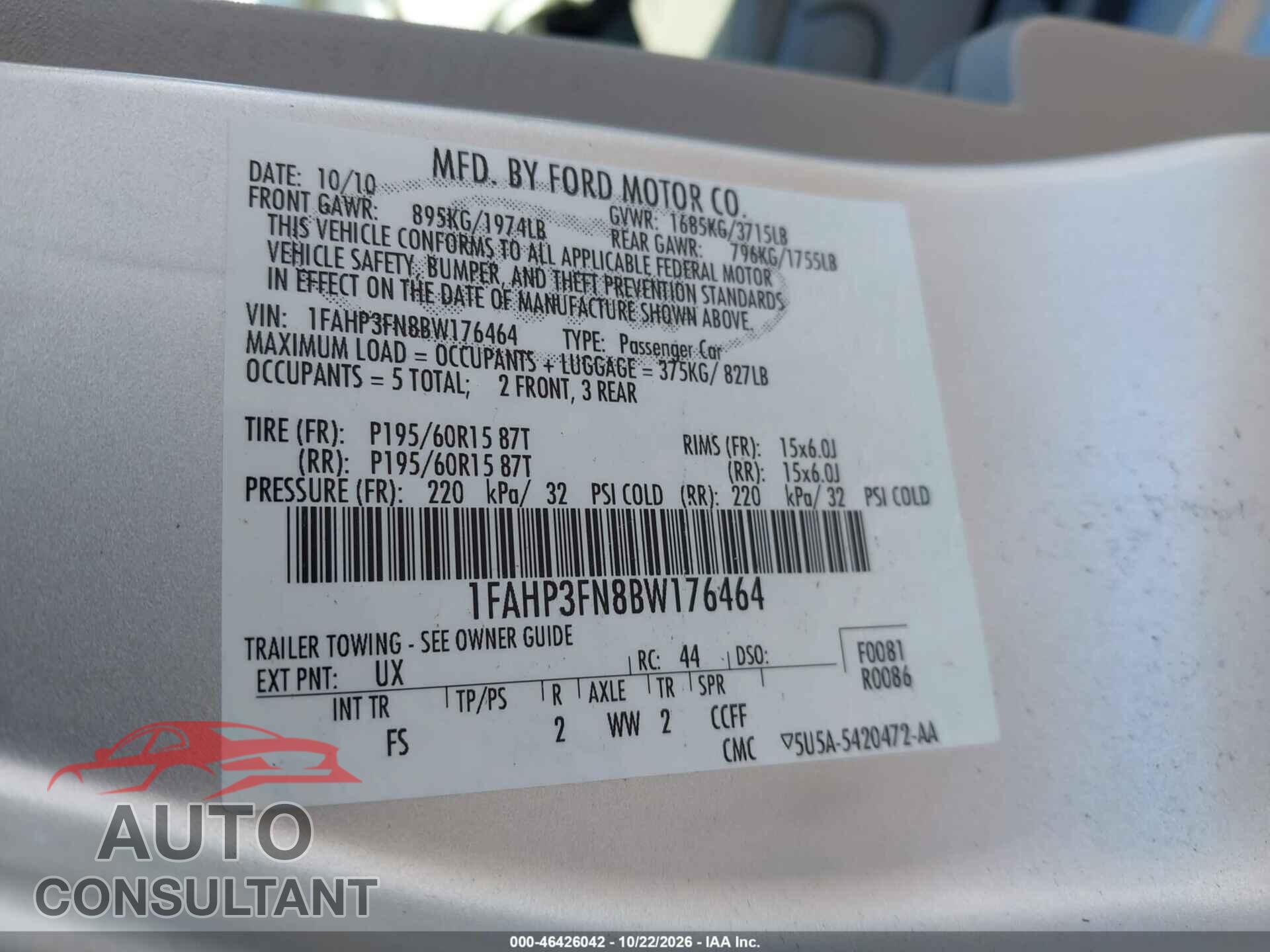 FORD FOCUS 2011 - 1FAHP3FN8BW176464
