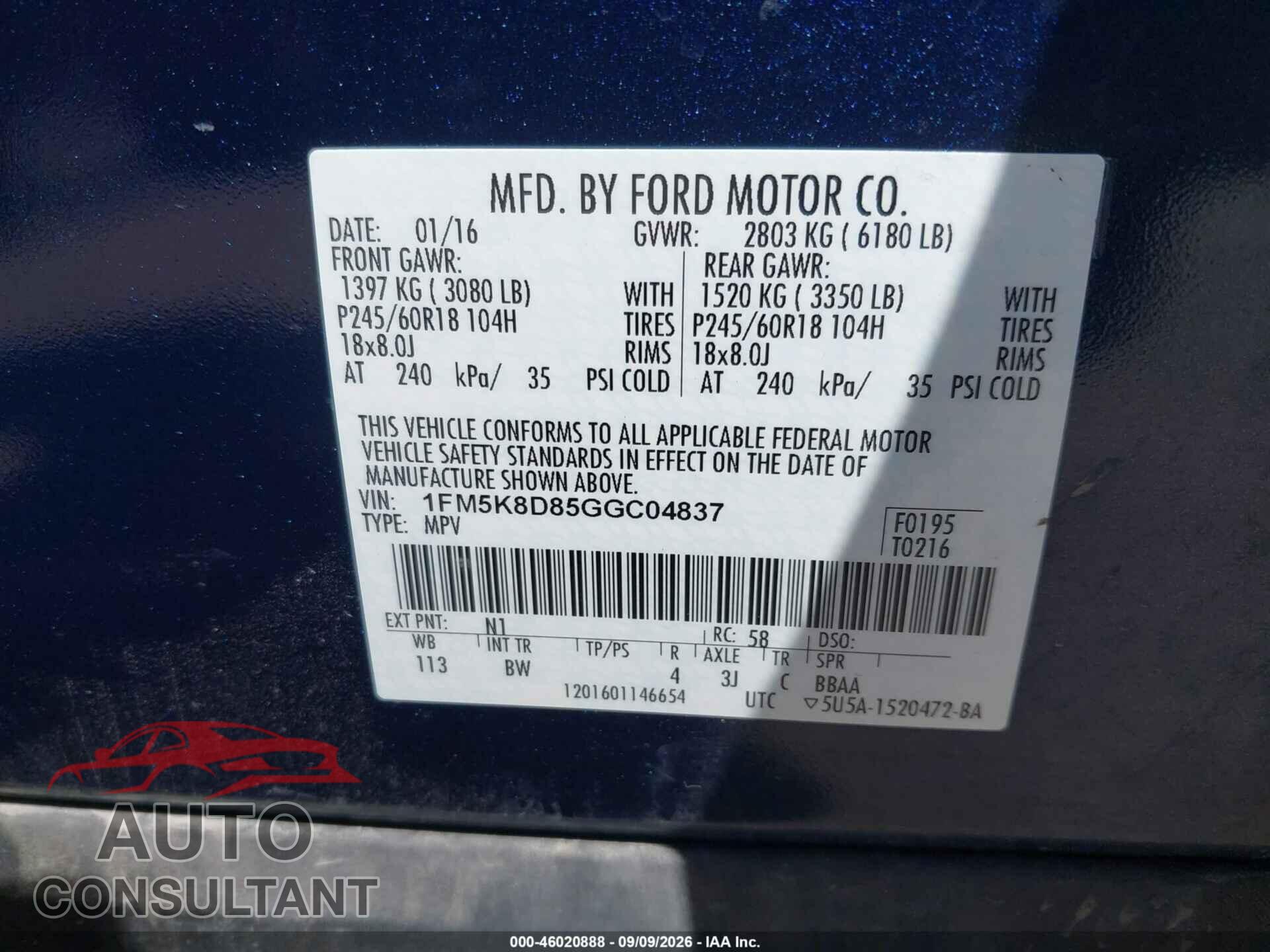 FORD EXPLORER 2016 - 1FM5K8D85GGC04837