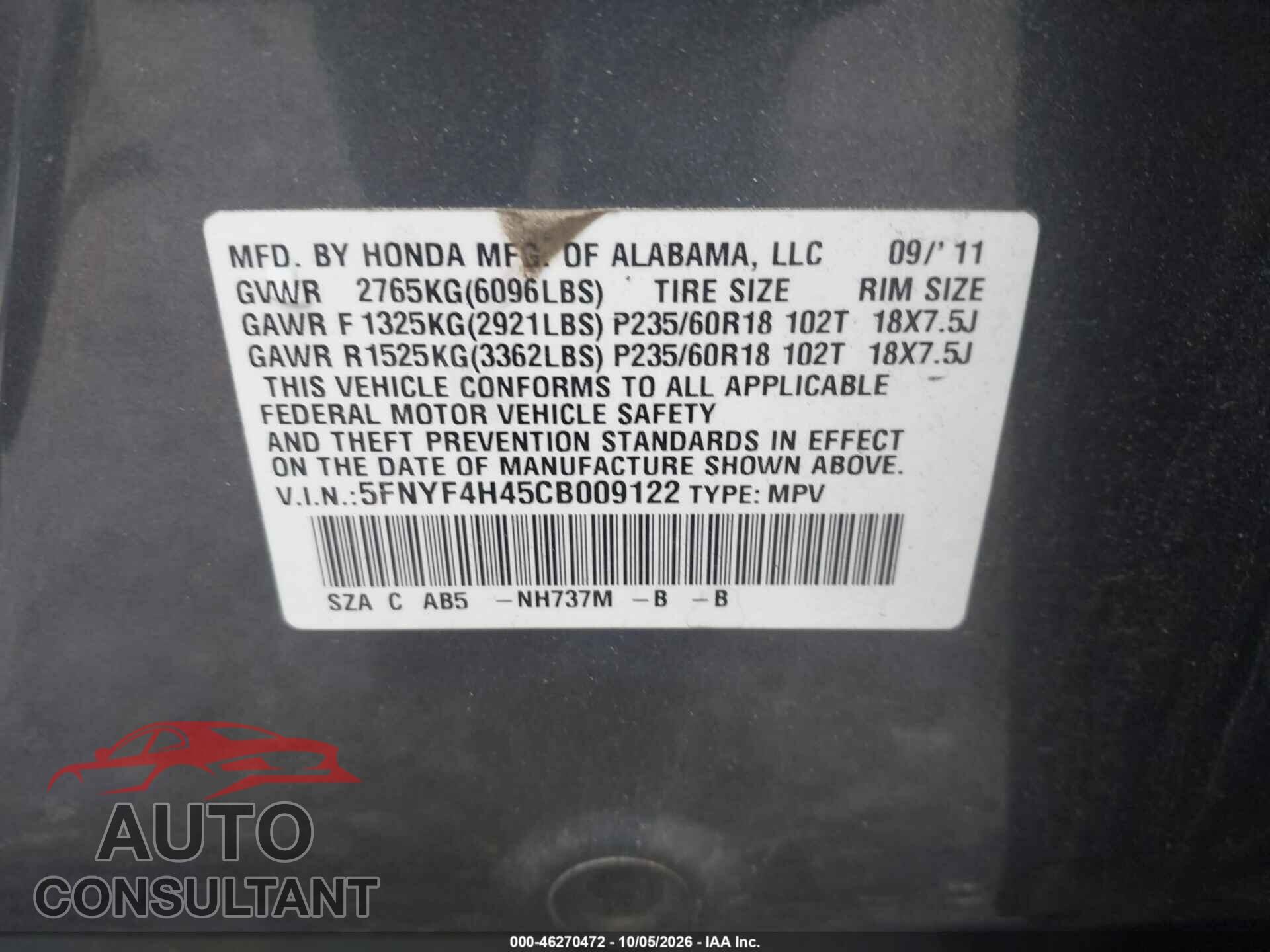 HONDA PILOT 2012 - 5FNYF4H45CB009122