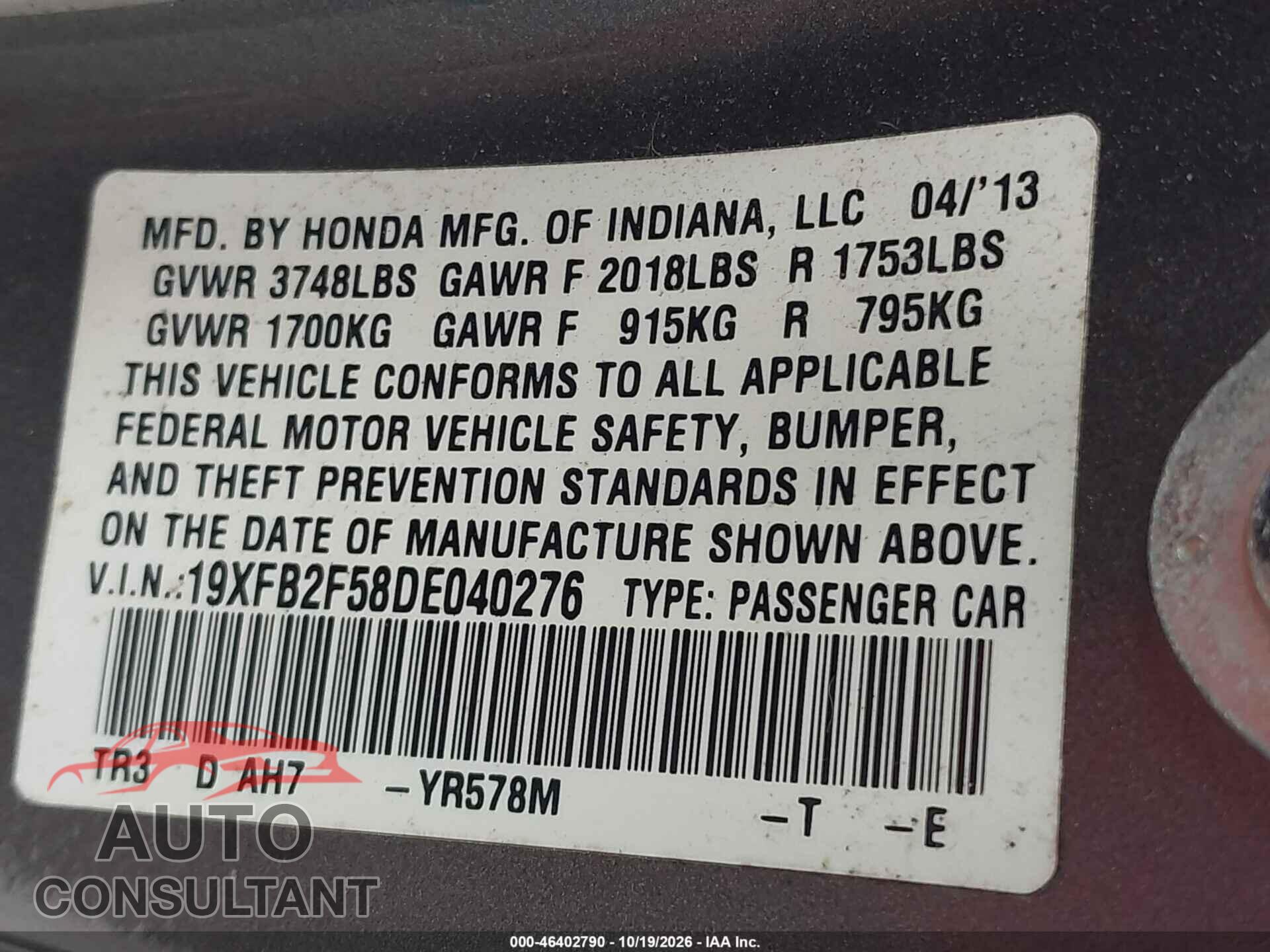 HONDA CIVIC 2013 - 19XFB2F58DE040276