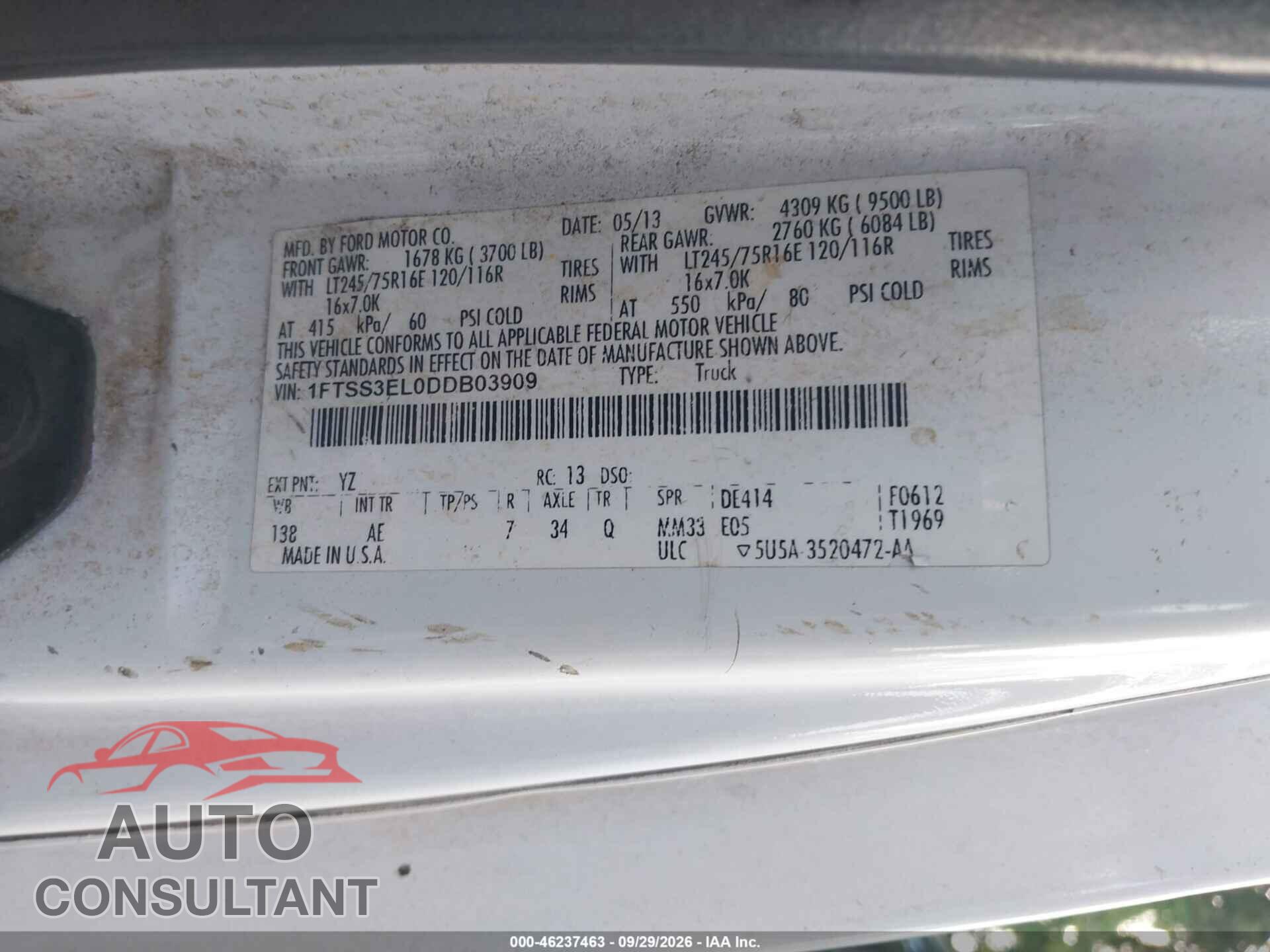 FORD E-350 SUPER DUTY 2013 - 1FTSS3EL0DDB03909