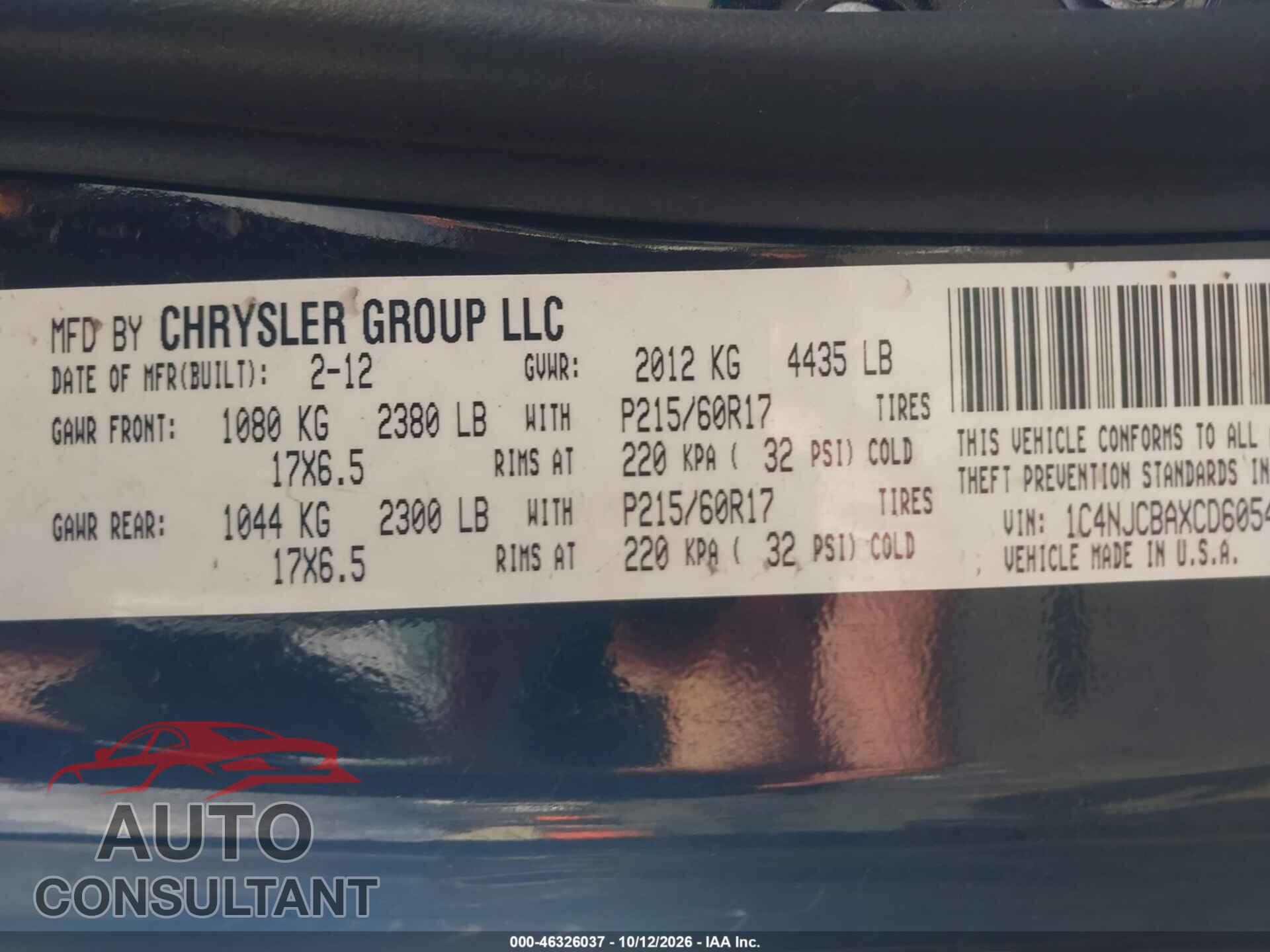JEEP COMPASS 2012 - 1C4NJCBAXCD605442