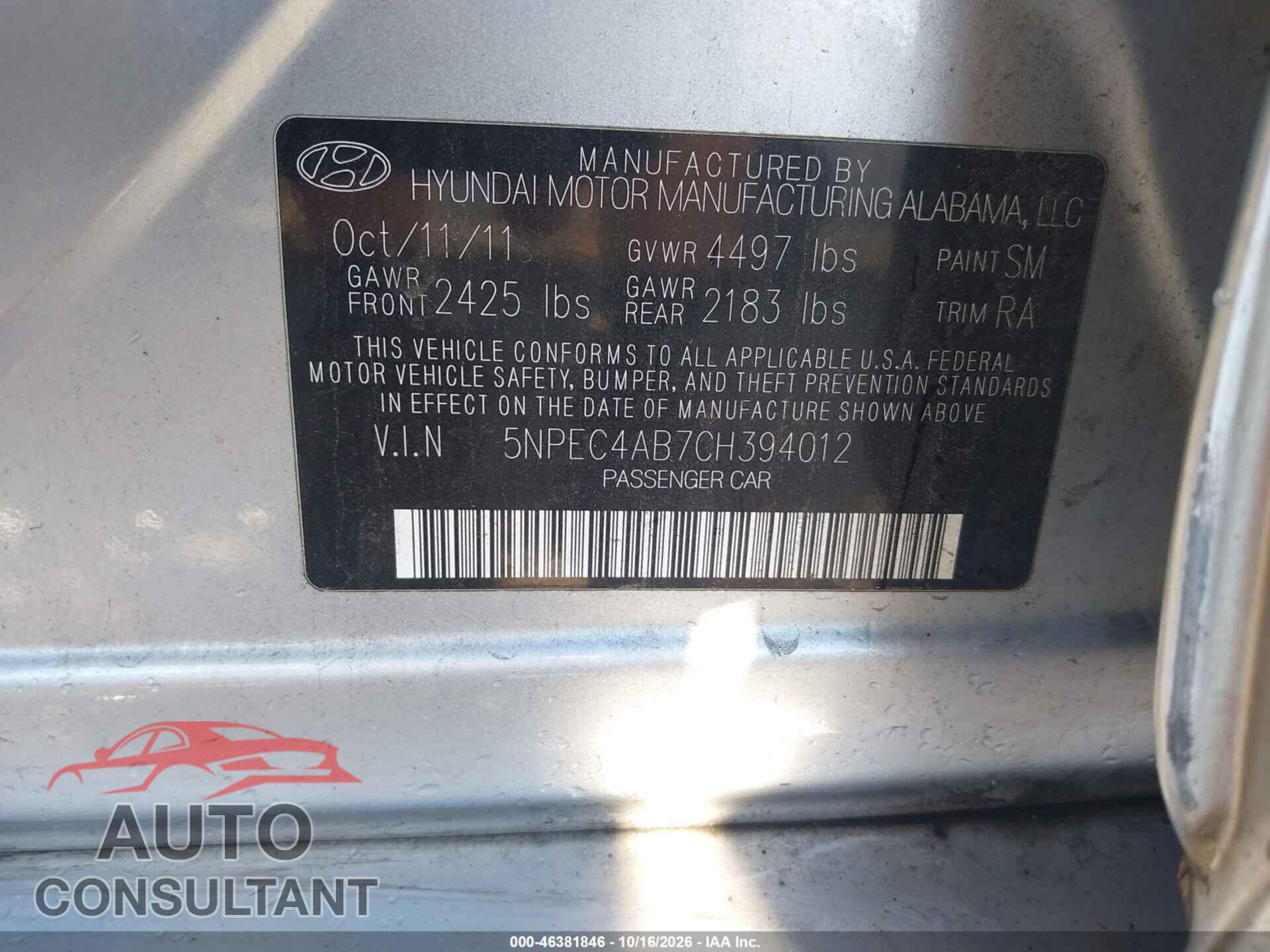 HYUNDAI SONATA 2012 - 5NPEC4AB7CH394012