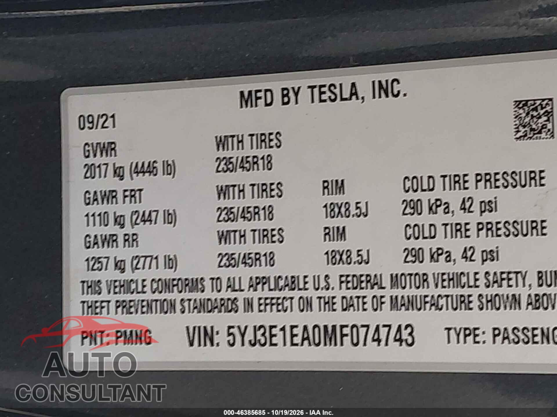 TESLA MODEL 3 2021 - 5YJ3E1EA0MF074743