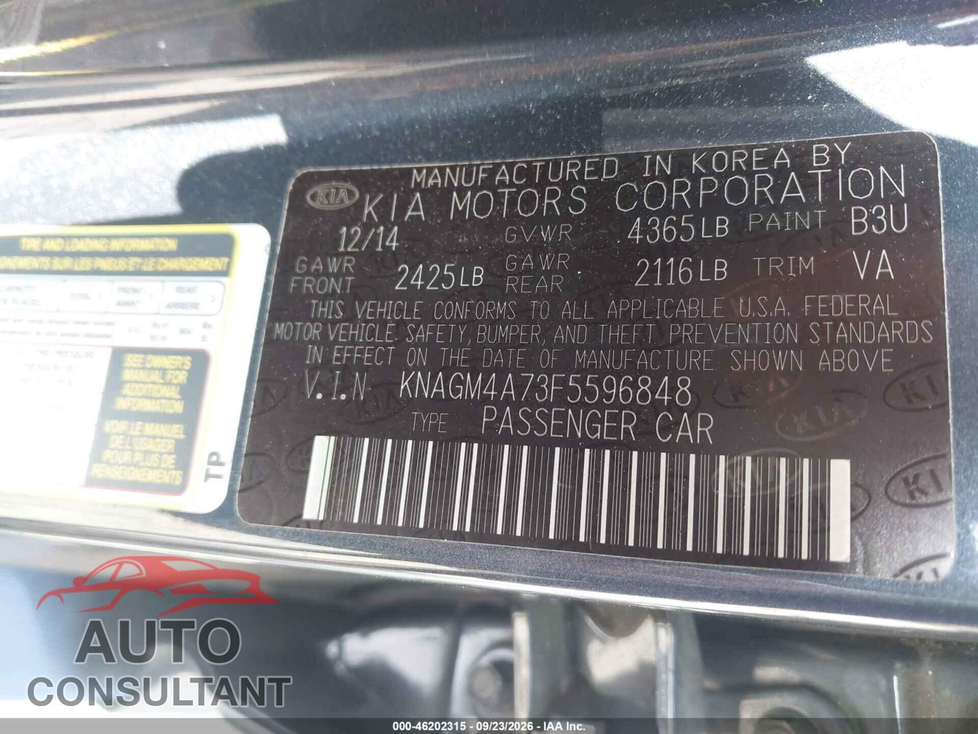 KIA OPTIMA 2015 - KNAGM4A73F5596848