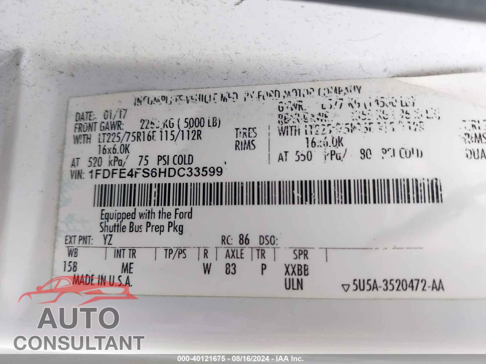 FORD ECONOLINE 2017 - 1FDFE4FS6HDC33599