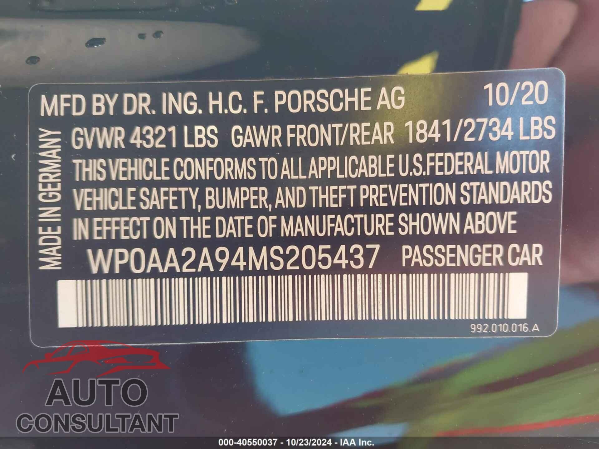 PORSCHE 911 2021 - WP0AA2A94MS205437