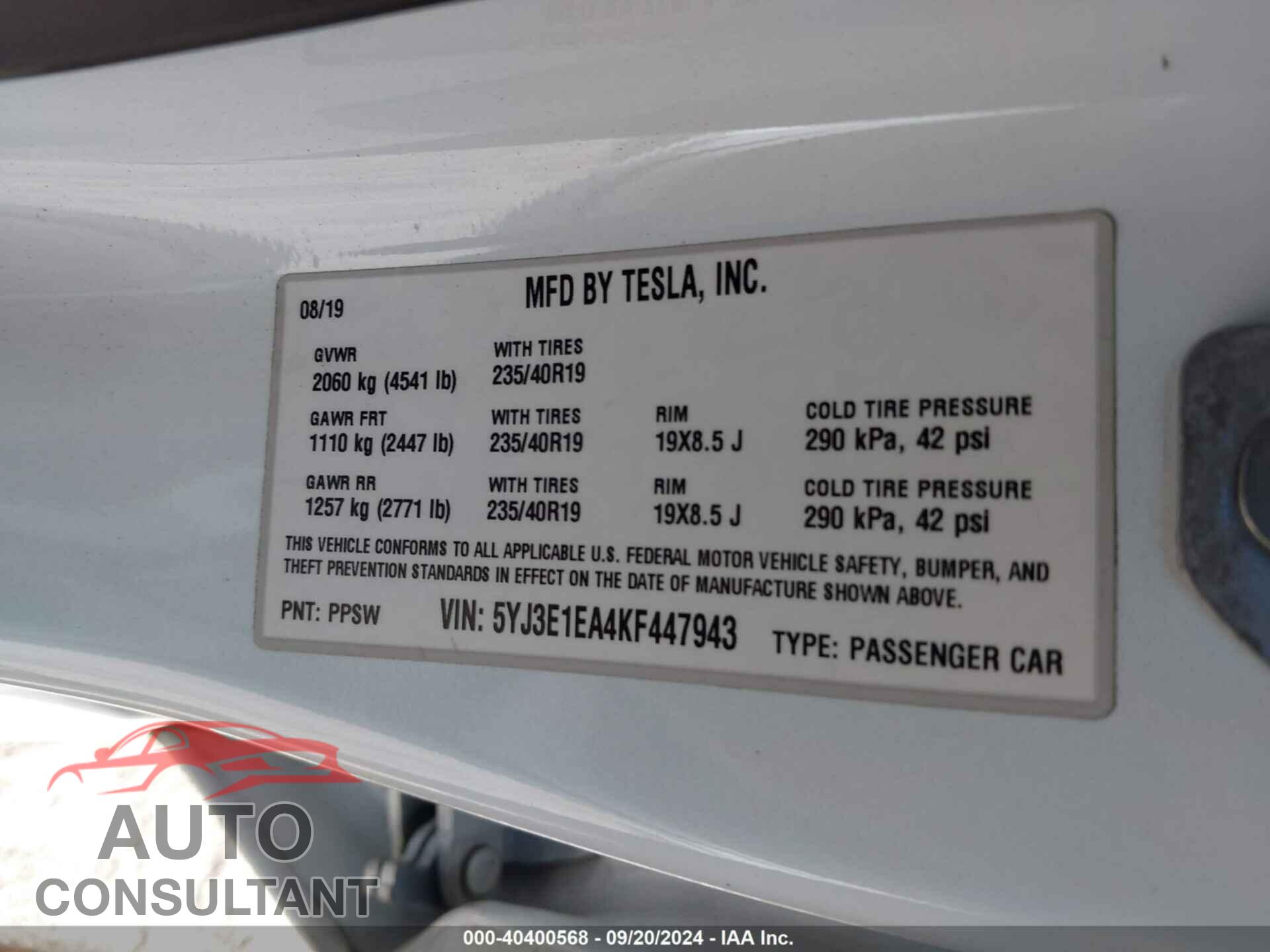 TESLA MODEL 3 2019 - 5YJ3E1EA4KF447943
