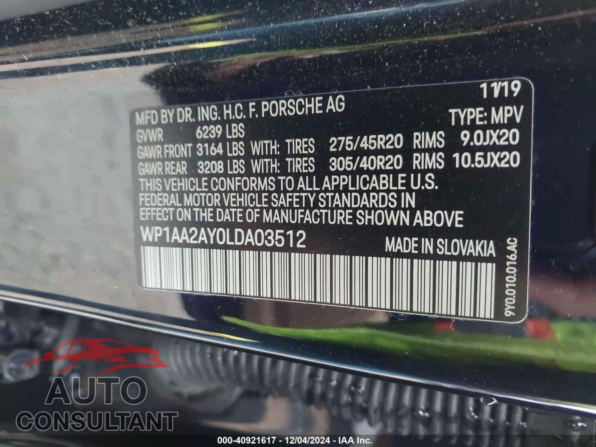 PORSCHE CAYENNE 2020 - WP1AA2AY0LDA03512