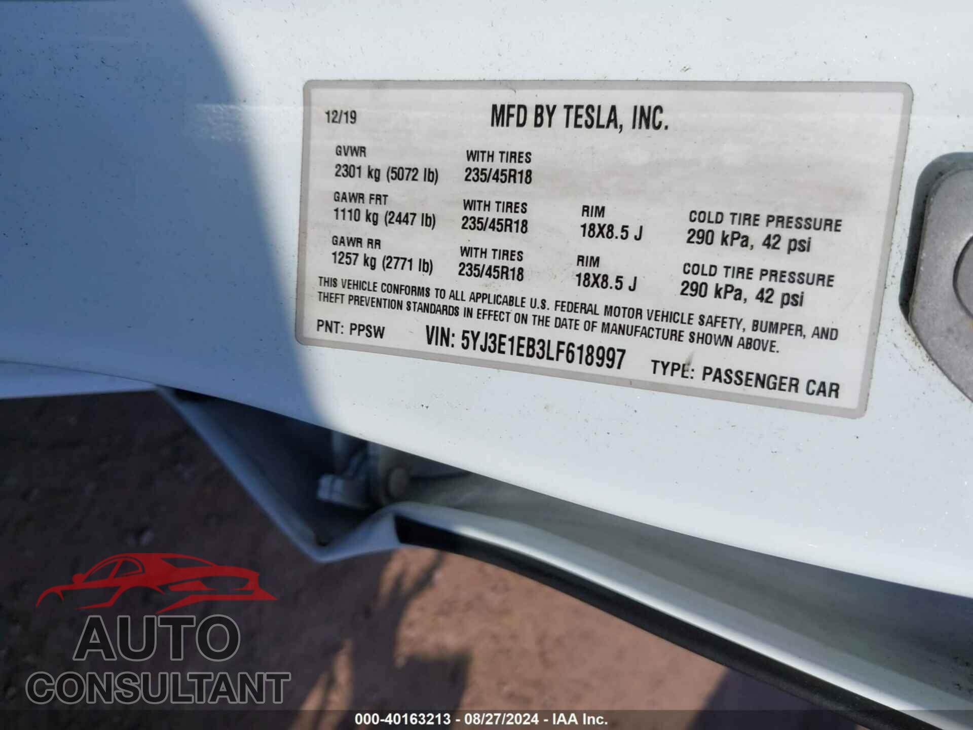 TESLA MODEL 3 2020 - 5YJ3E1EB3LF618997