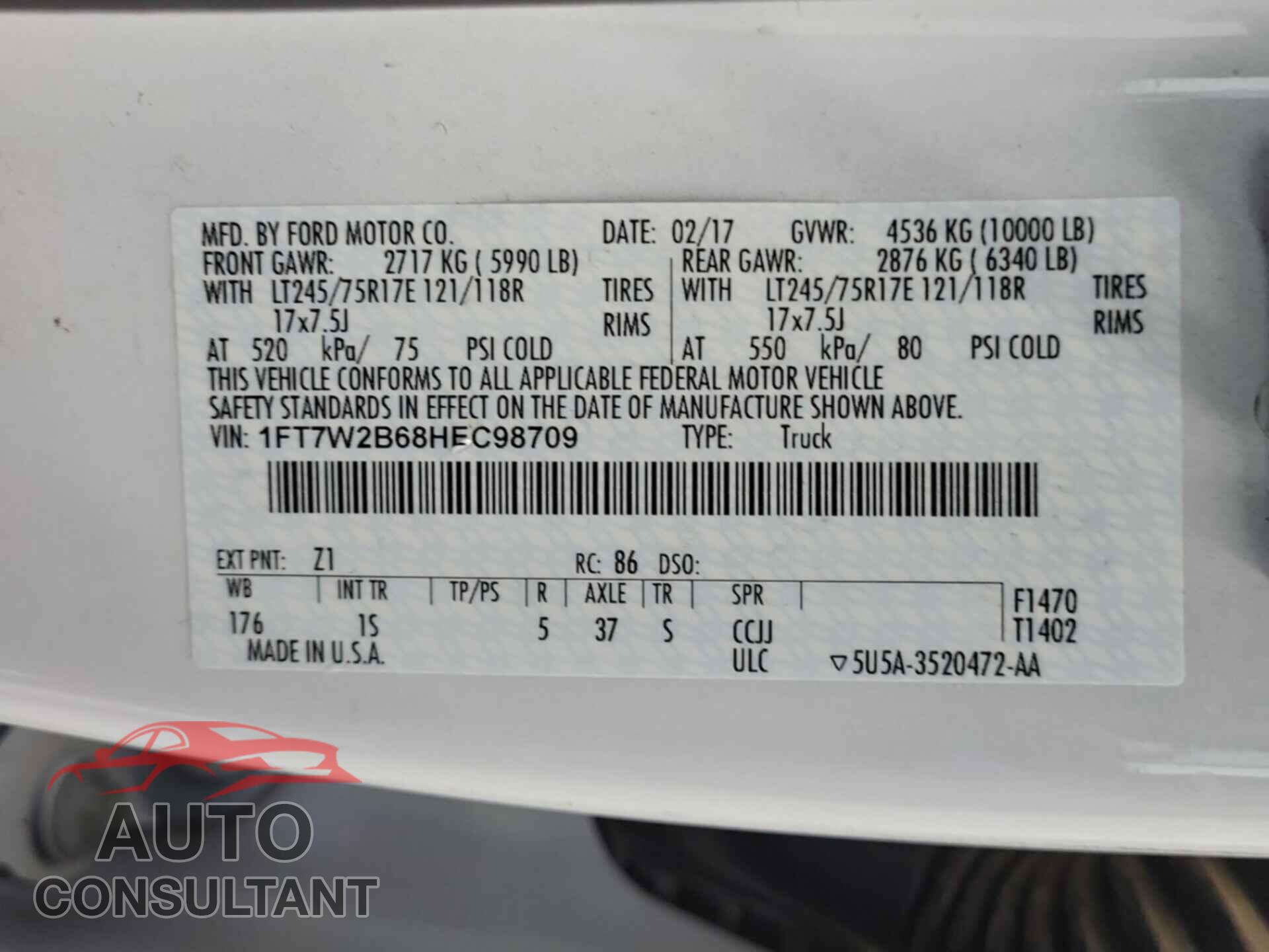FORD F250 2017 - 1FT7W2B68HEC98709