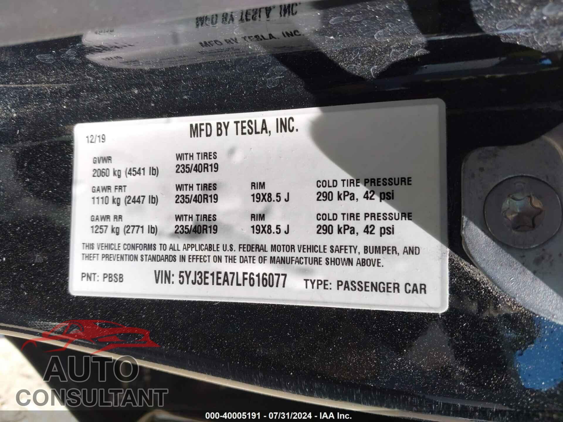 TESLA MODEL 3 2020 - 5YJ3E1EA7LF616077