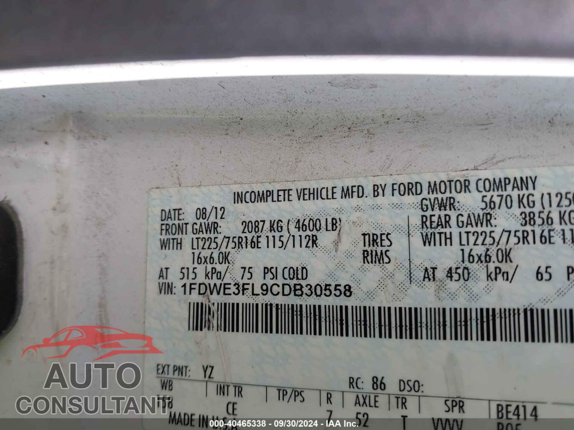 FORD E-350 CUTAWAY 2012 - 1FDWE3FL9CDB30558