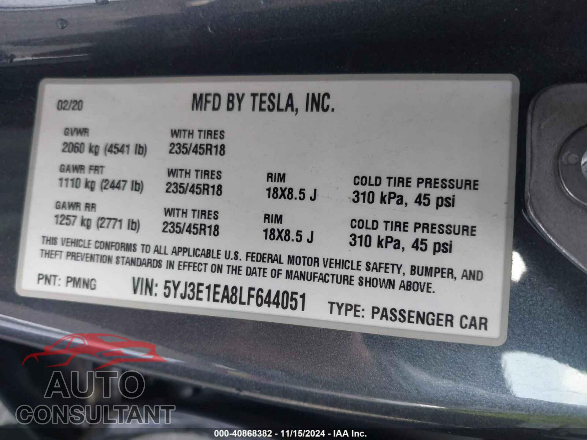 TESLA MODEL 3 2020 - 5YJ3E1EA8LF644051