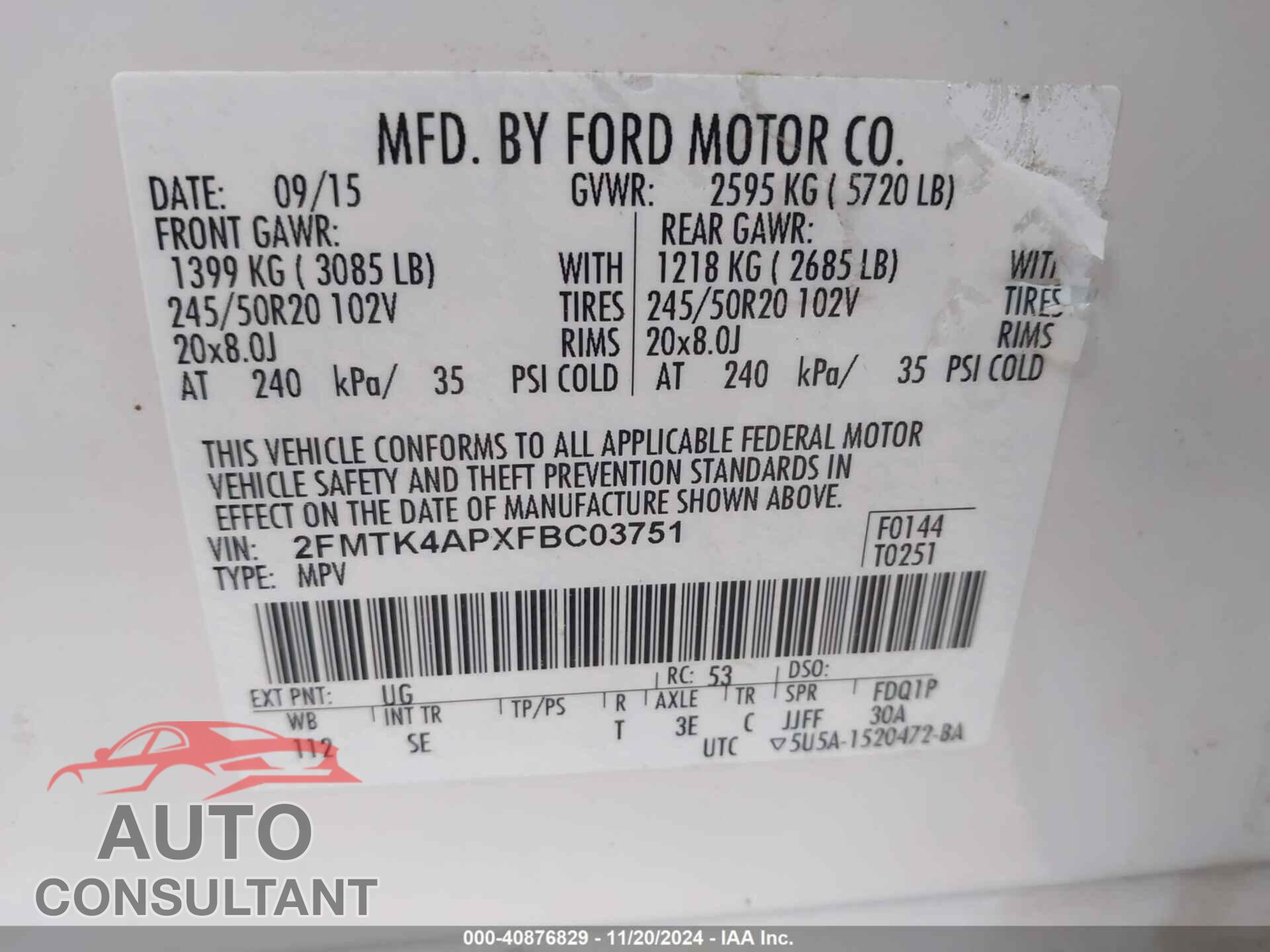 FORD EDGE 2015 - 2FMTK4APXFBC03751