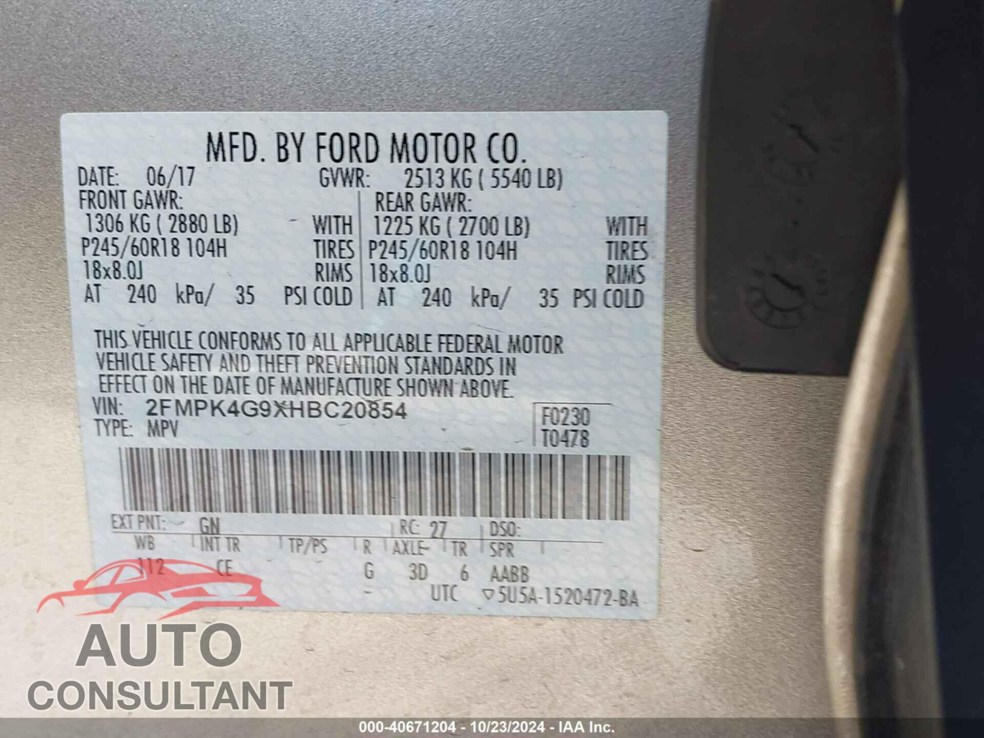 FORD EDGE 2017 - 2FMPK4G9XHBC20854