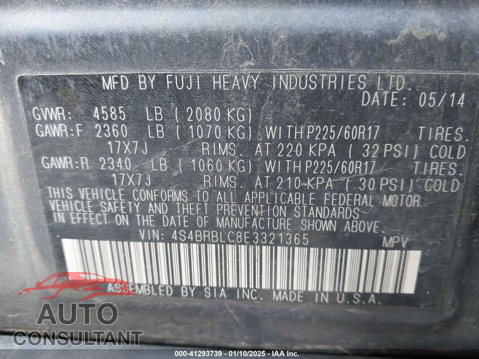 SUBARU OUTBACK 2014 - 4S4BRBLC8E3321365