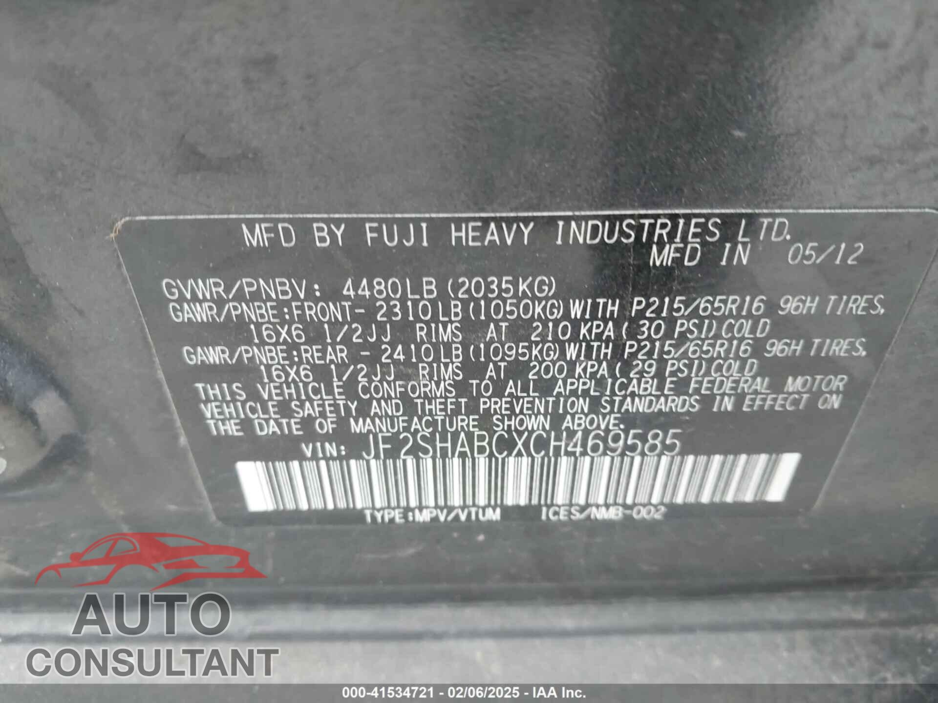 SUBARU FORESTER 2012 - JF2SHABCXCH469585