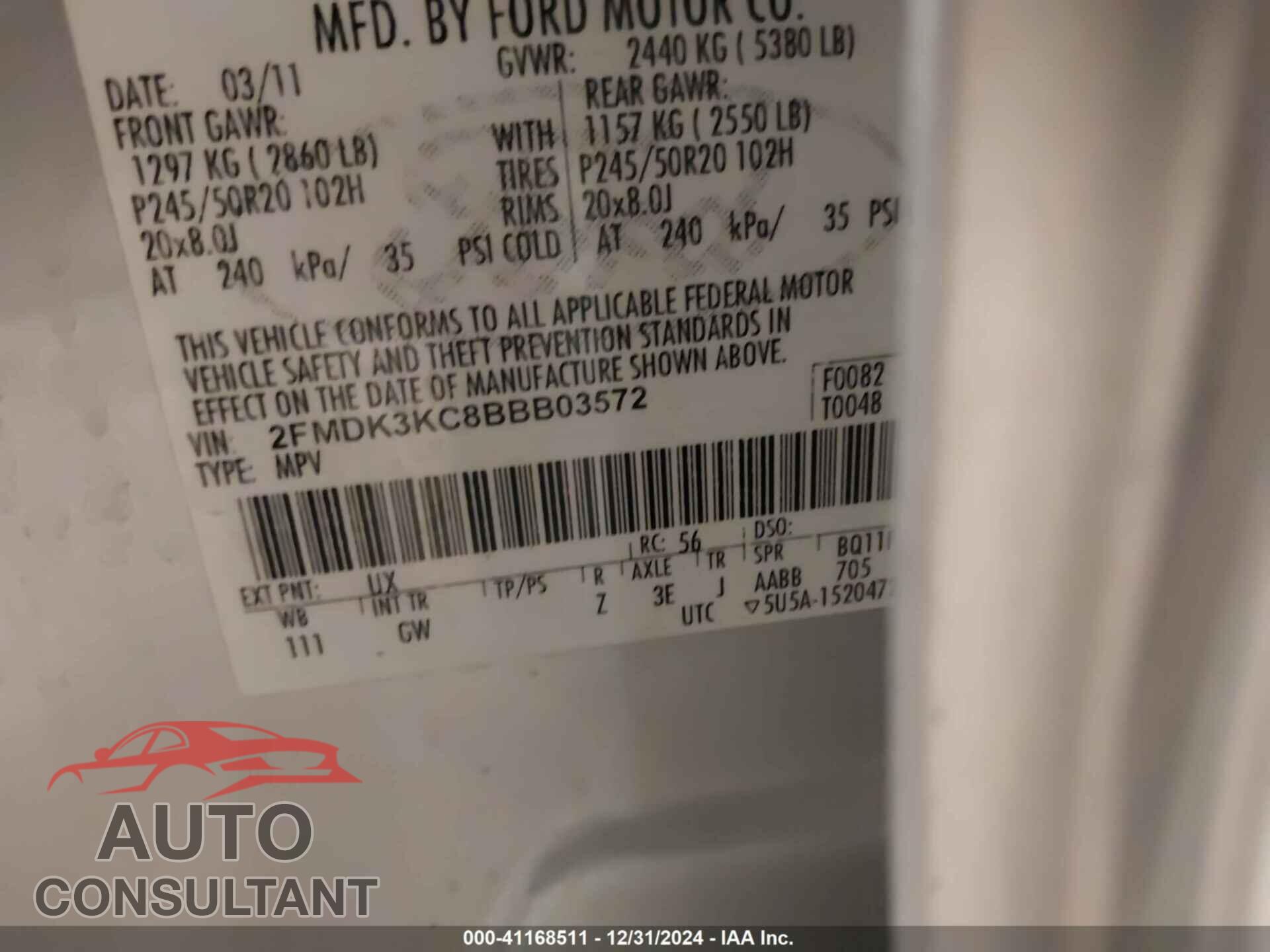 FORD EDGE 2011 - 2FMDK3KC8BBB03572