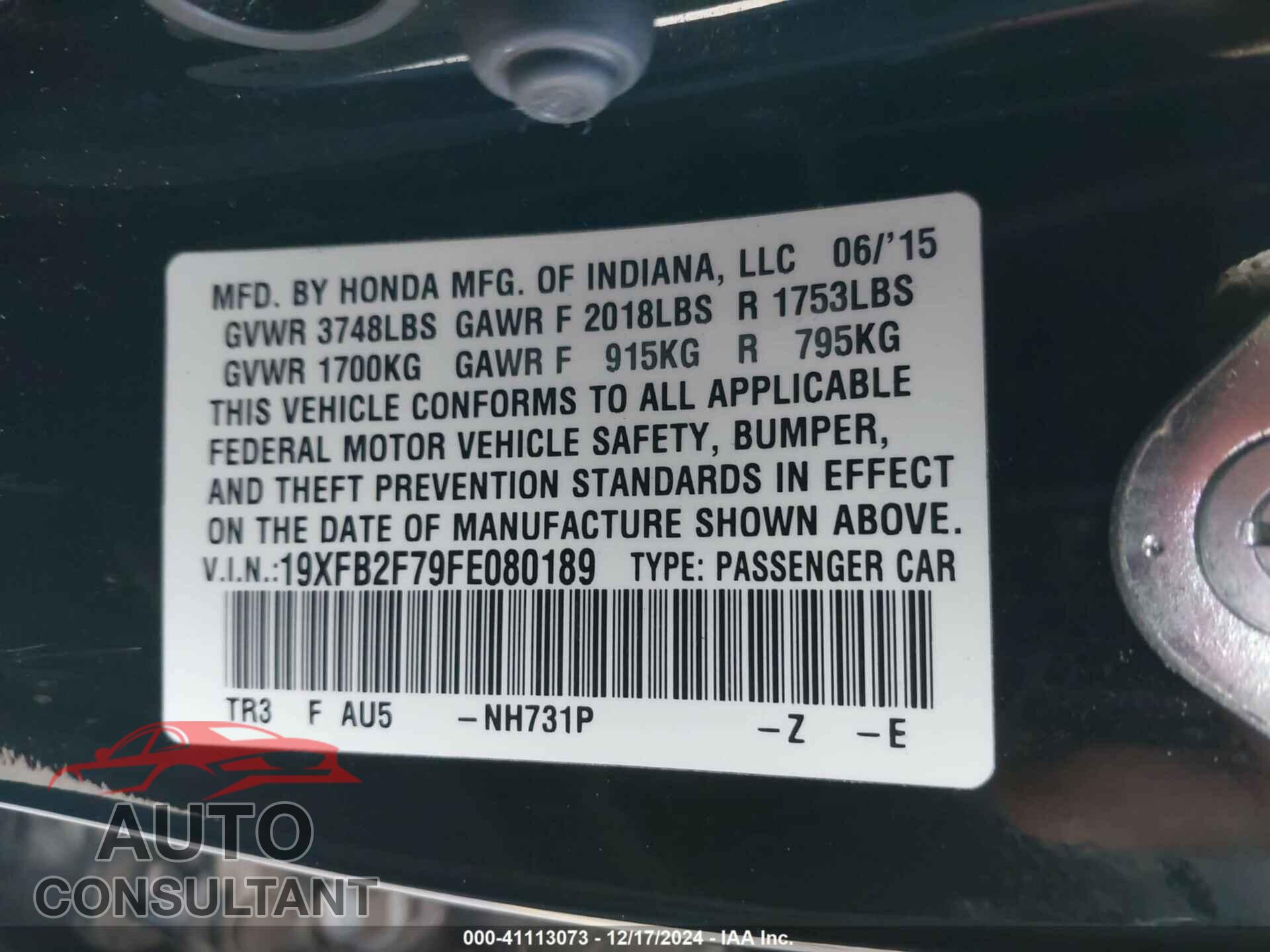 HONDA CIVIC 2015 - 19XFB2F79FE080189