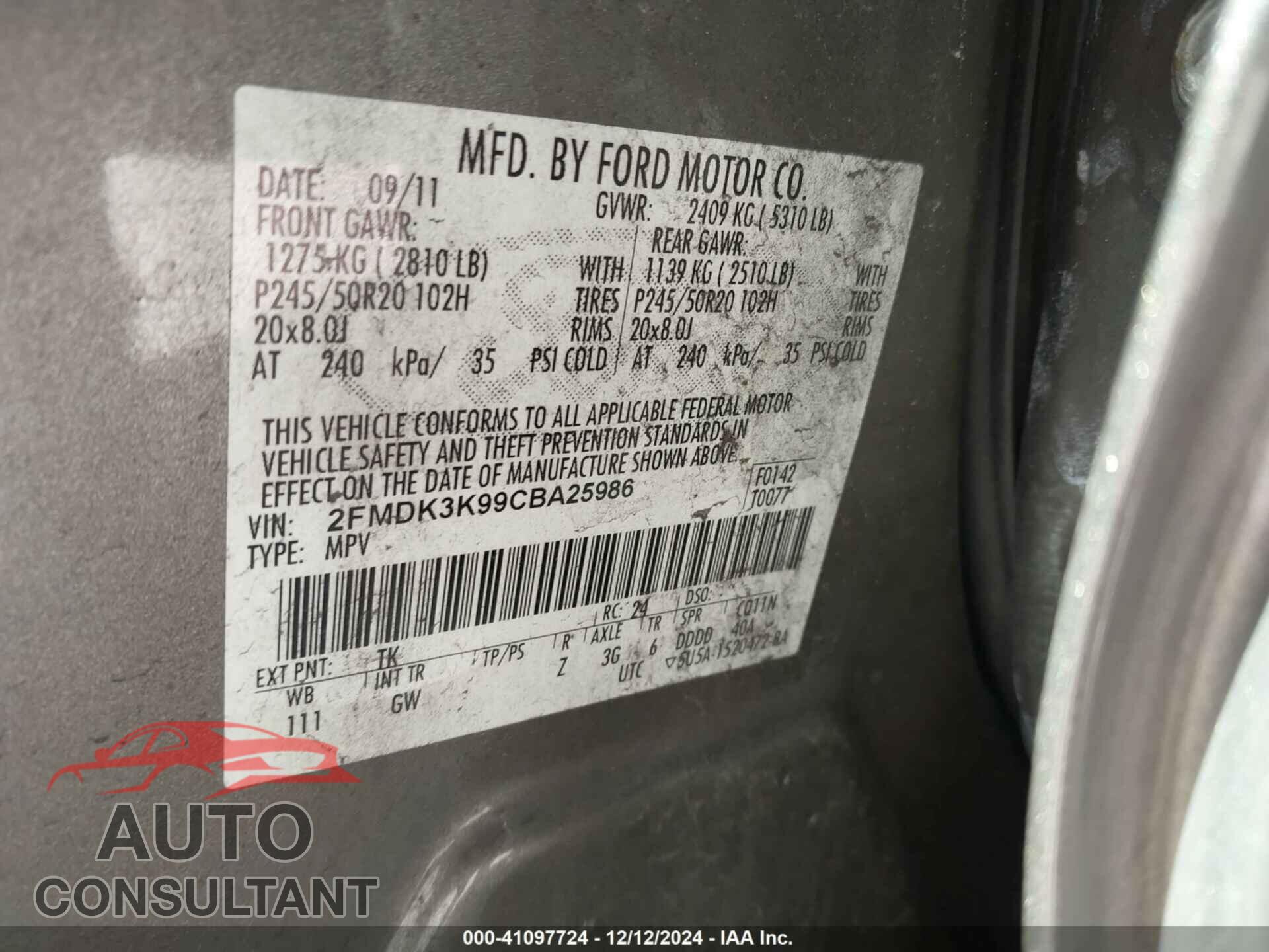 FORD EDGE 2012 - 2FMDK3K99CBA25986