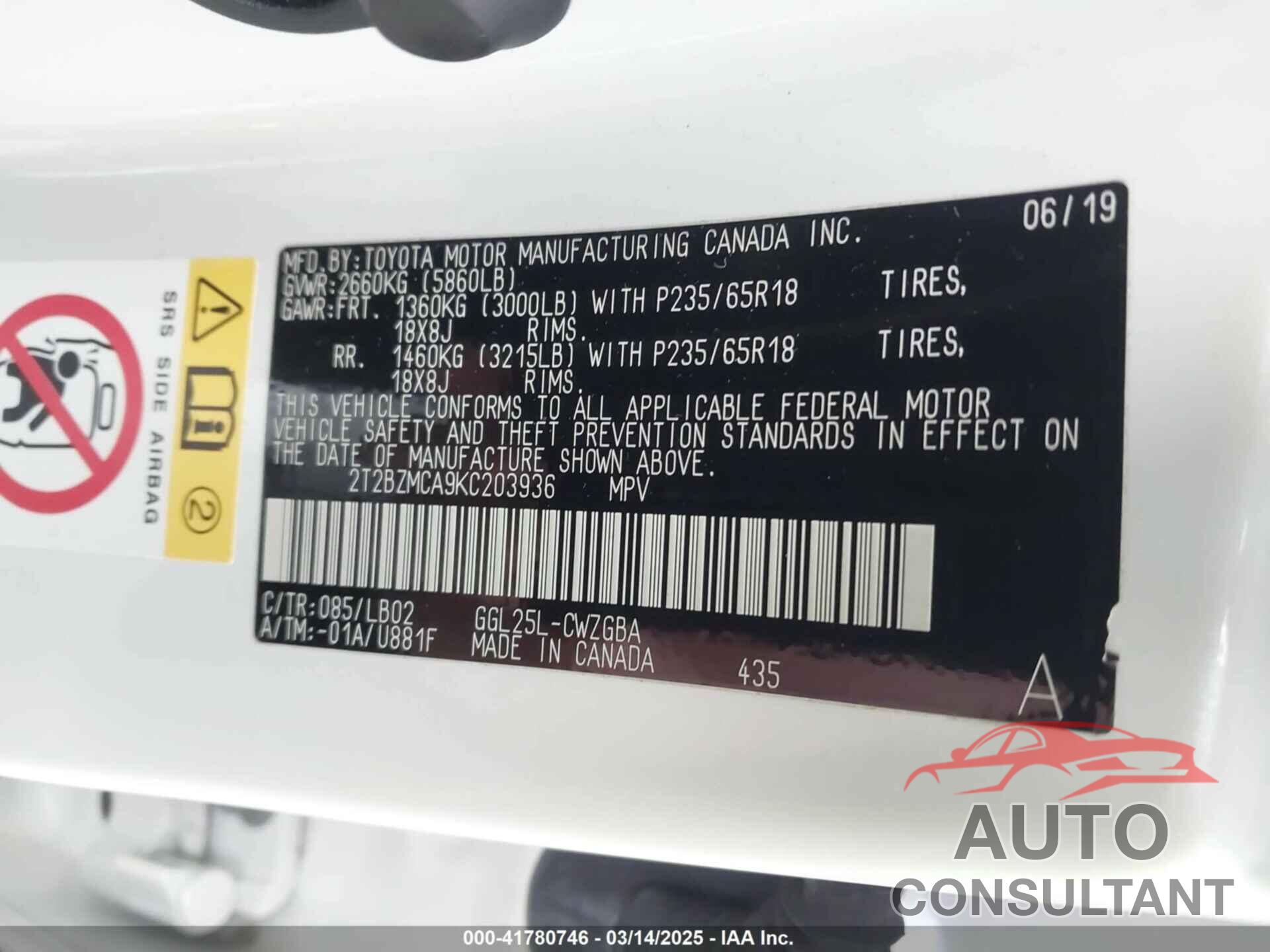 LEXUS RX 350 2019 - 2T2BZMCA9KC203936