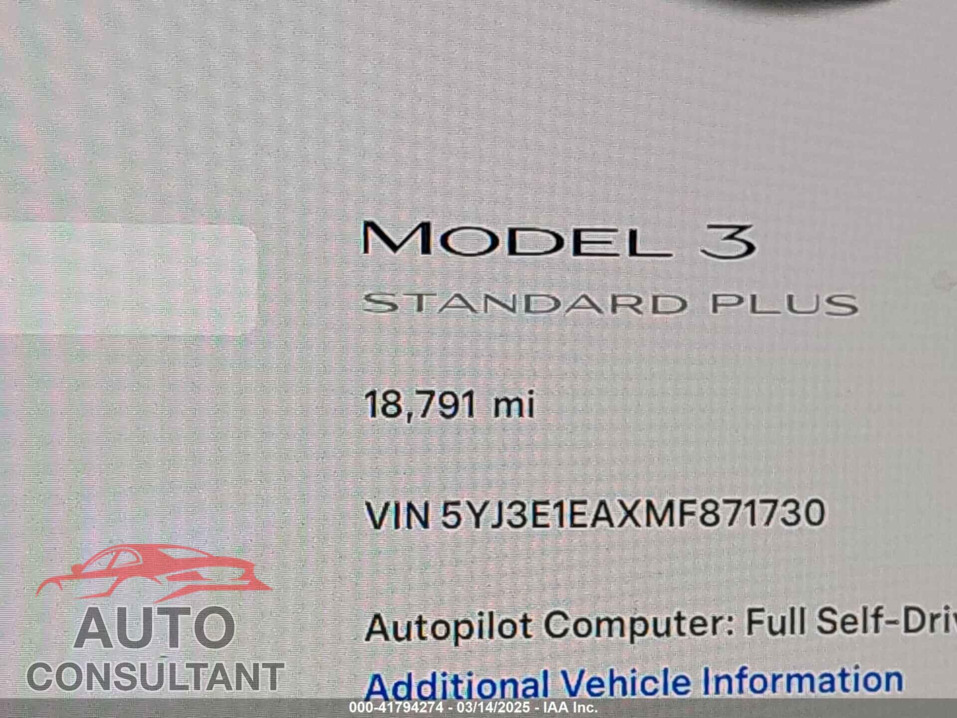 TESLA MODEL 3 2021 - 5YJ3E1EAXMF871730