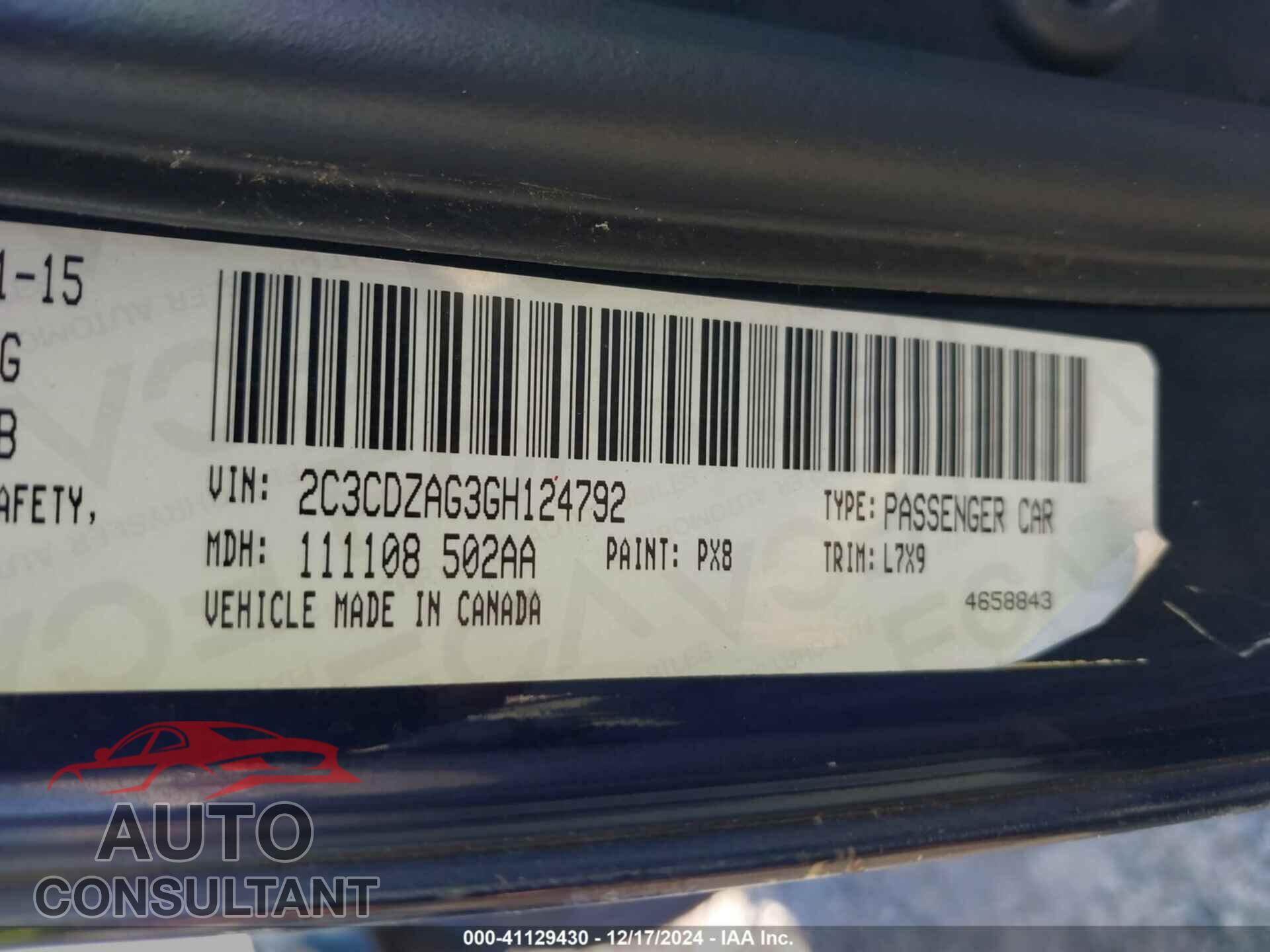 DODGE CHALLENGER 2016 - 2C3CDZAG3GH124792