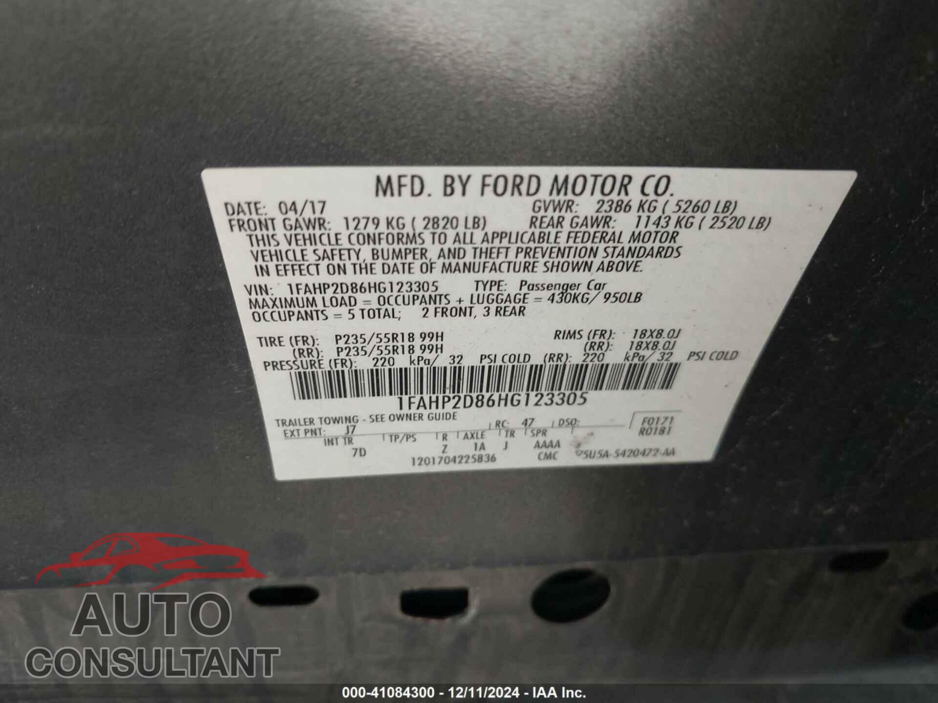 FORD TAURUS 2017 - 1FAHP2D86HG123305