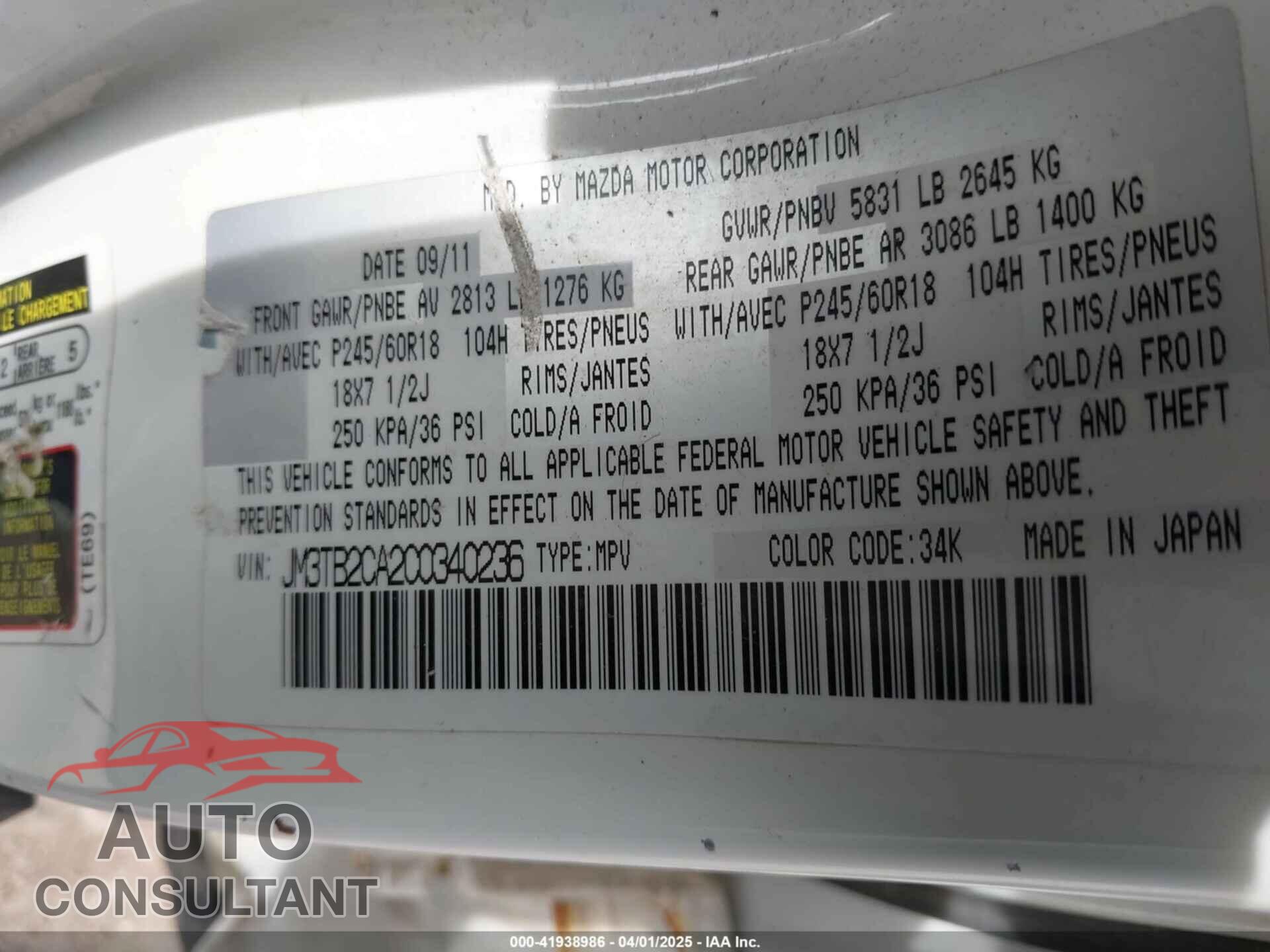 MAZDA CX-9 2012 - JM3TB2CA2C0340236
